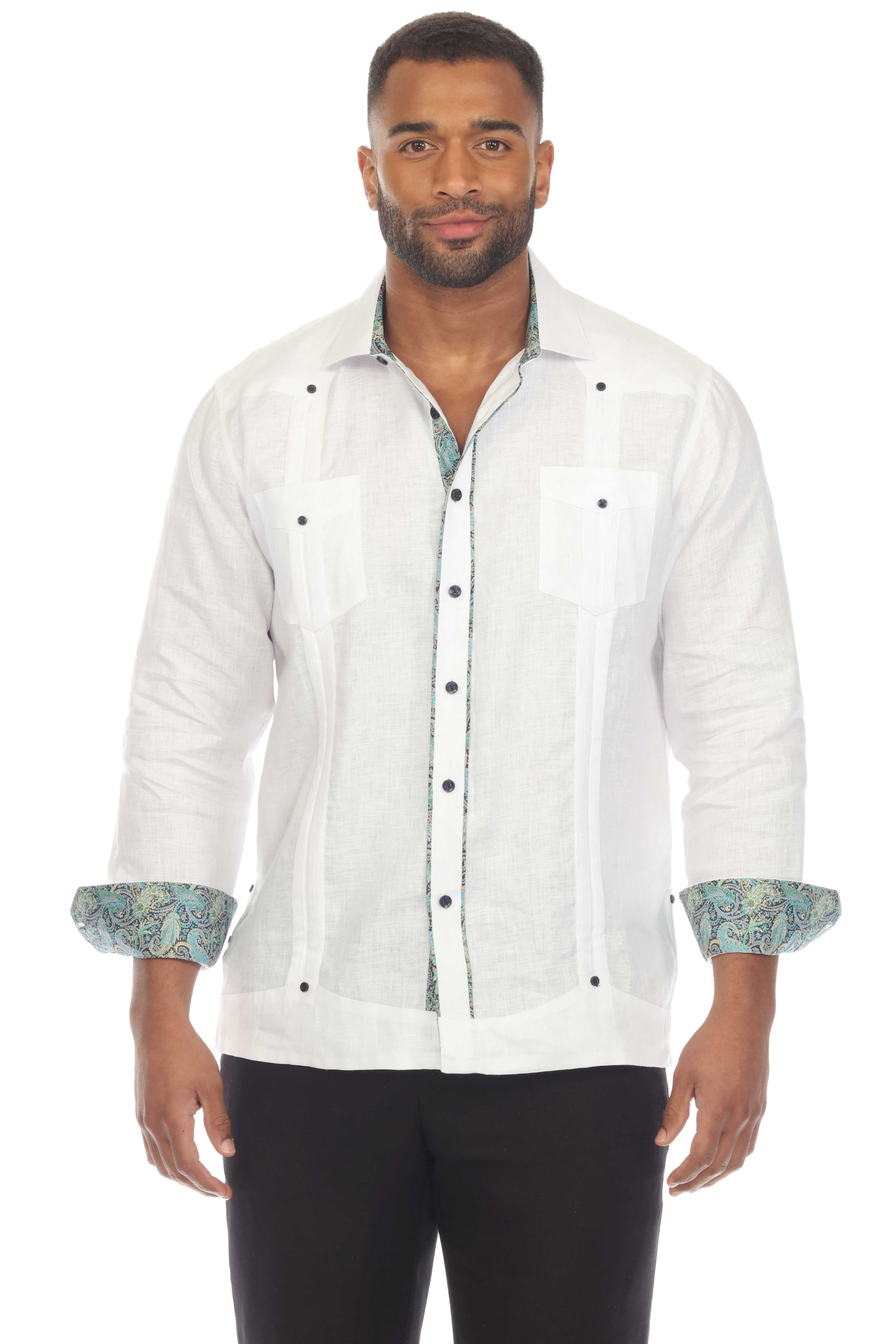 Mojito Men's 100% Linen Guayabera Chacabana Shirt Long Sleeve with Contrast Trim Accent