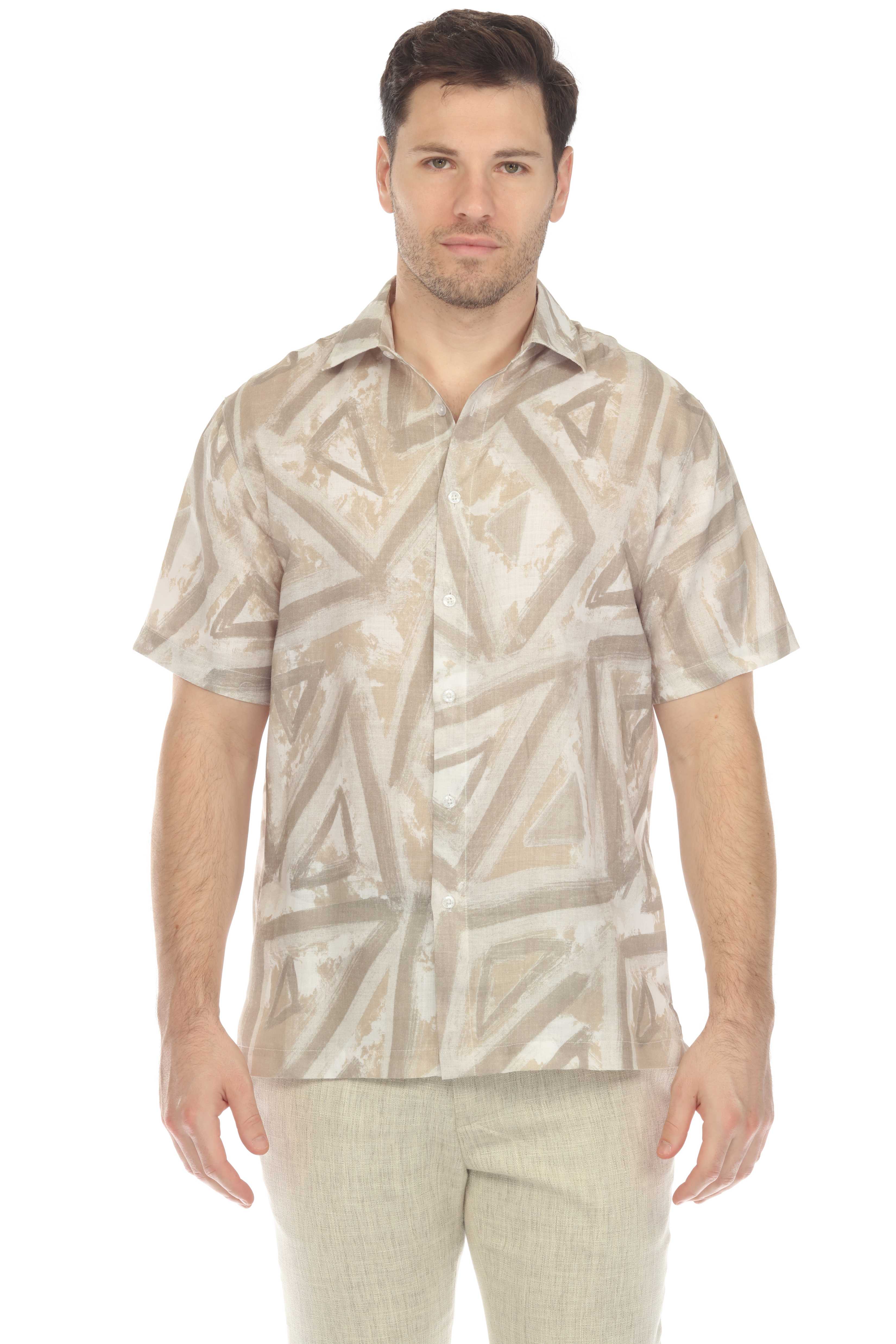 100% Linen Neutral Geo Print Short Sleeve Shirt