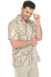 100% Linen Neutral Geo Print Short Sleeve Shirt