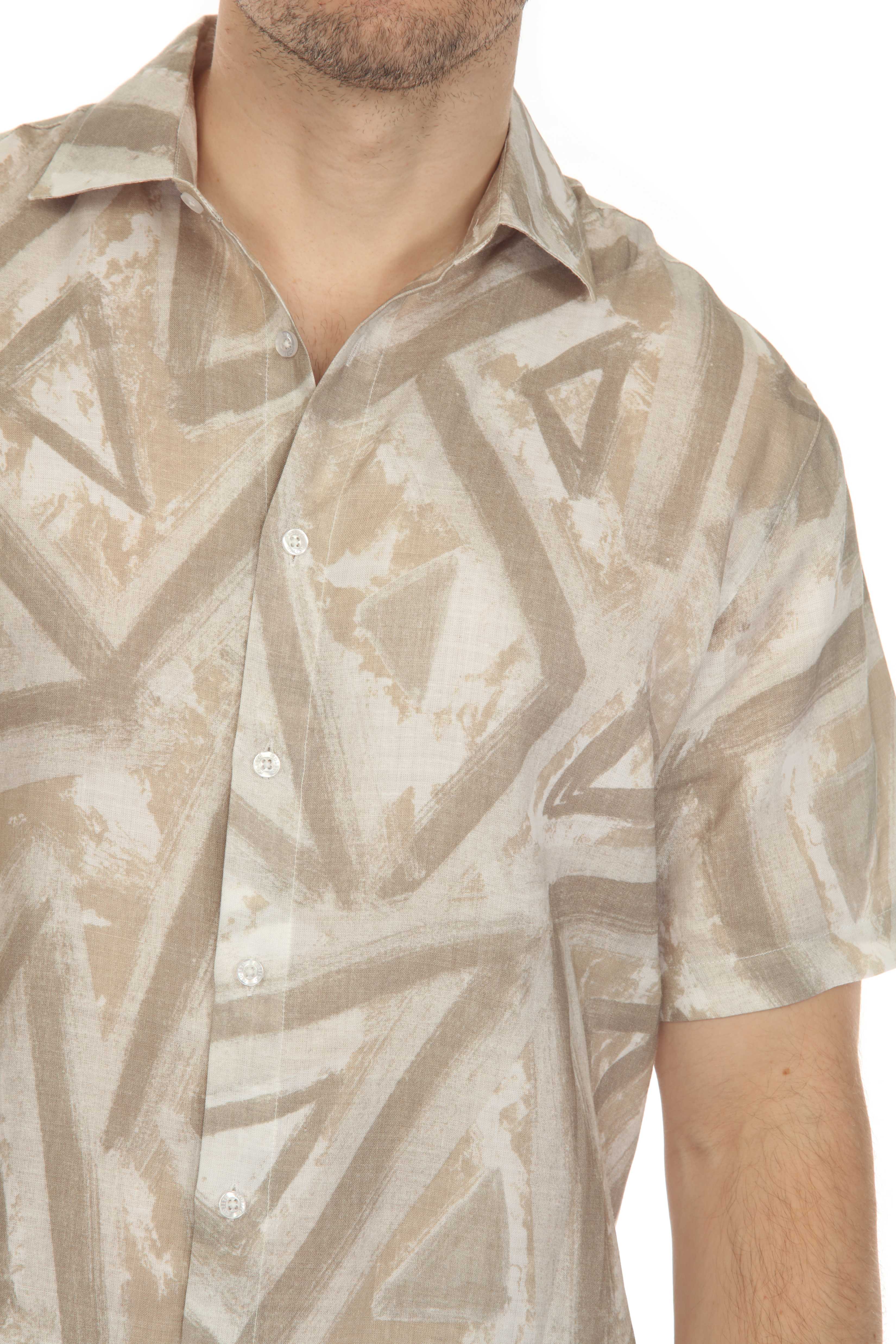 100% Linen Neutral Geo Print Short Sleeve Shirt