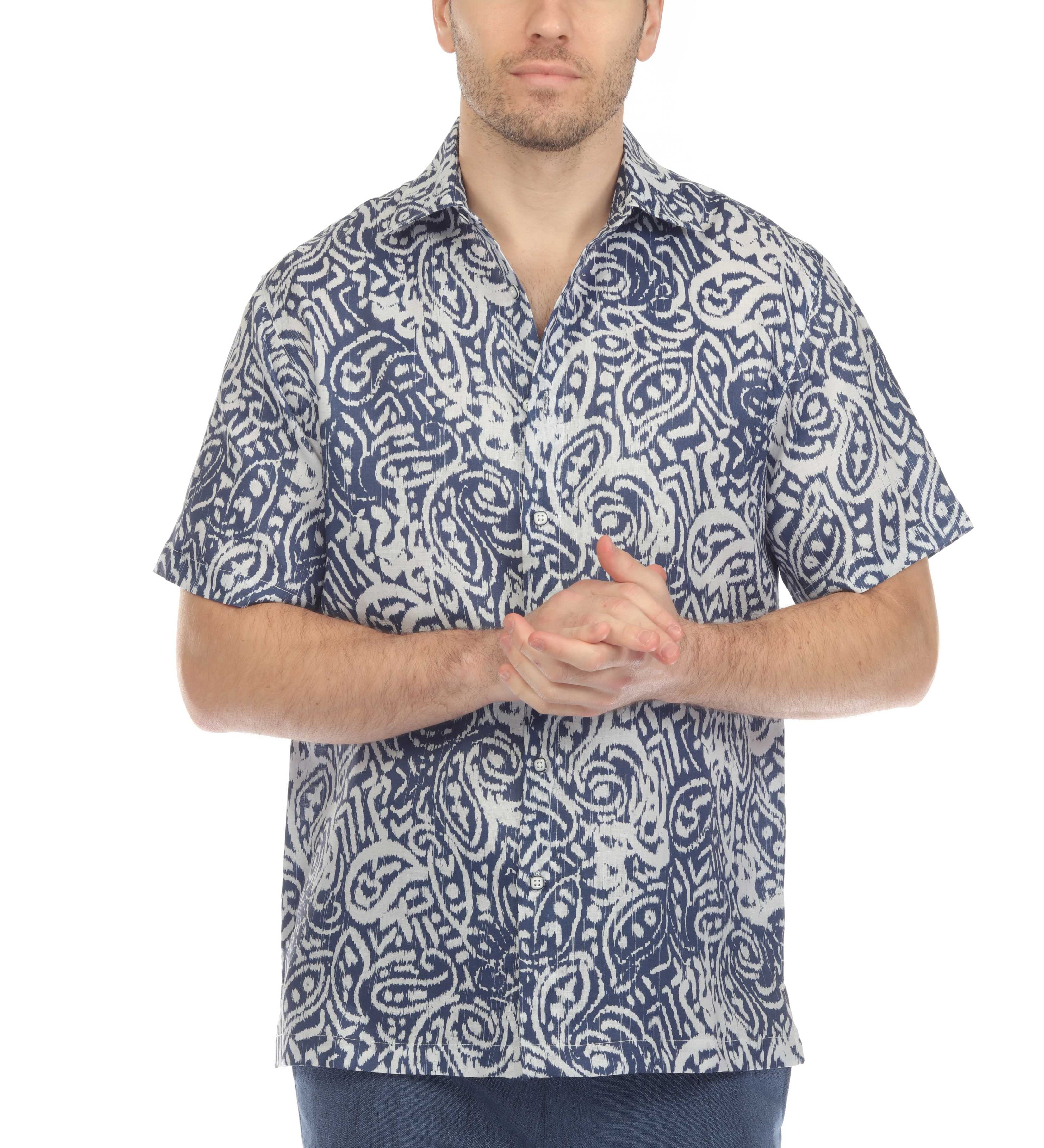 100% Linen Short Sleeve Navy Blue Abstract Print Shirt