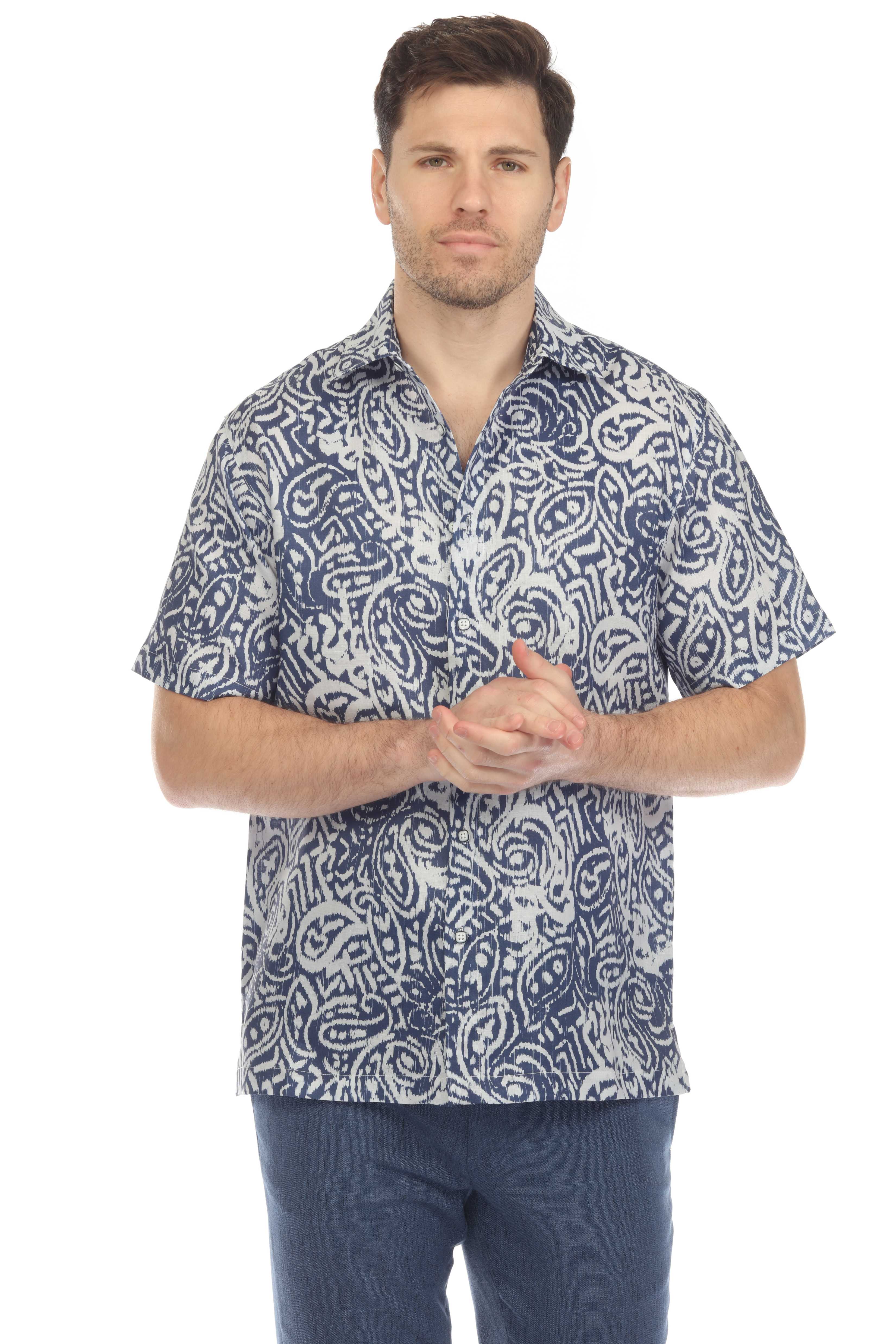 100% Linen Short Sleeve Navy Blue Abstract Print Shirt