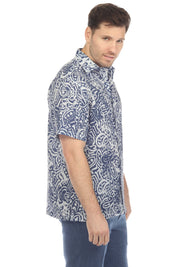 100% Linen Short Sleeve Navy Blue Abstract Print Shirt