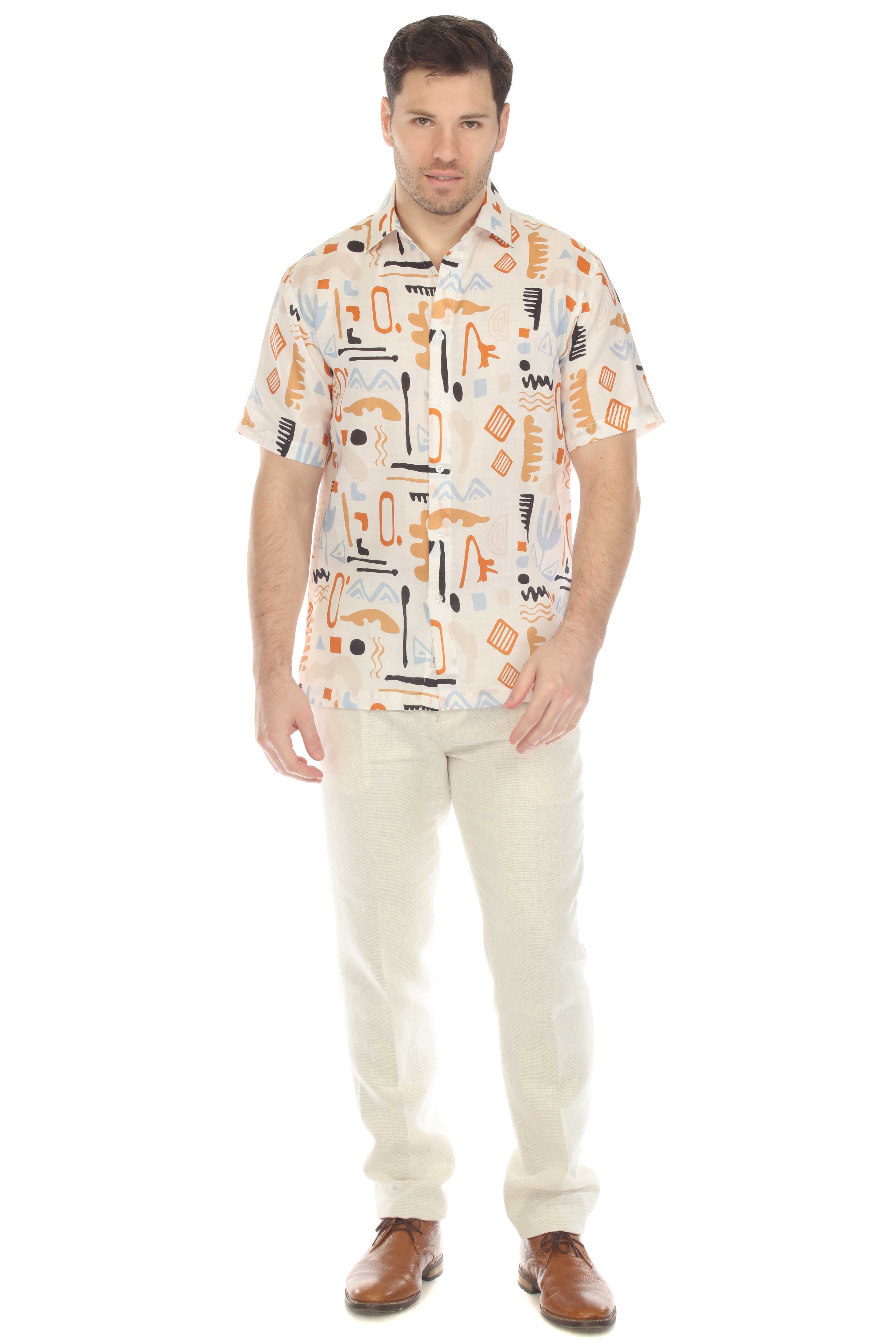 100% Linen Short Sleeve Retro Abstract Print Shirt