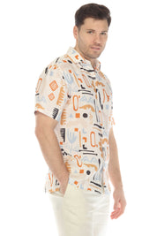 100% Linen Short Sleeve Retro Abstract Print Shirt