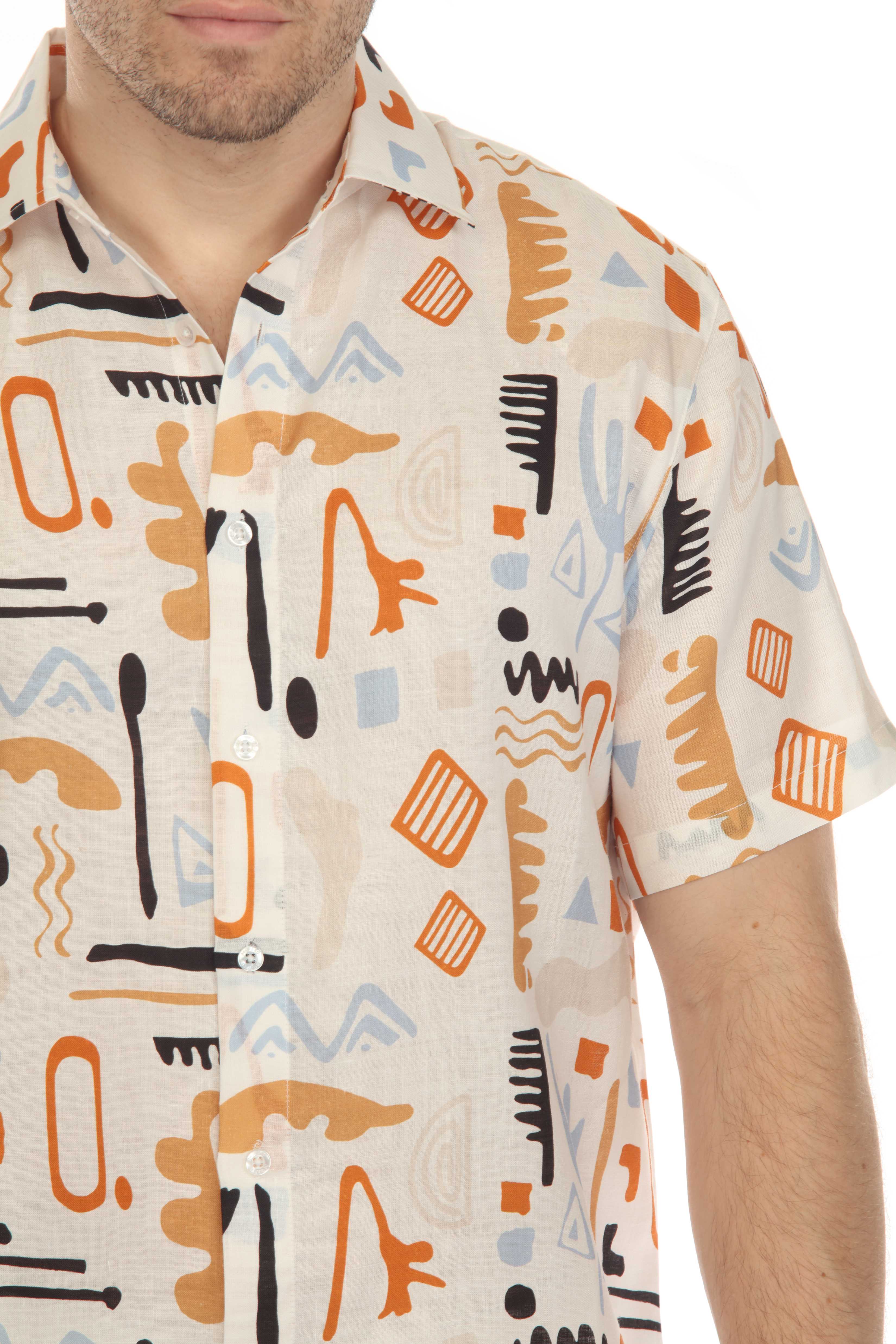 100% Linen Short Sleeve Retro Abstract Print Shirt