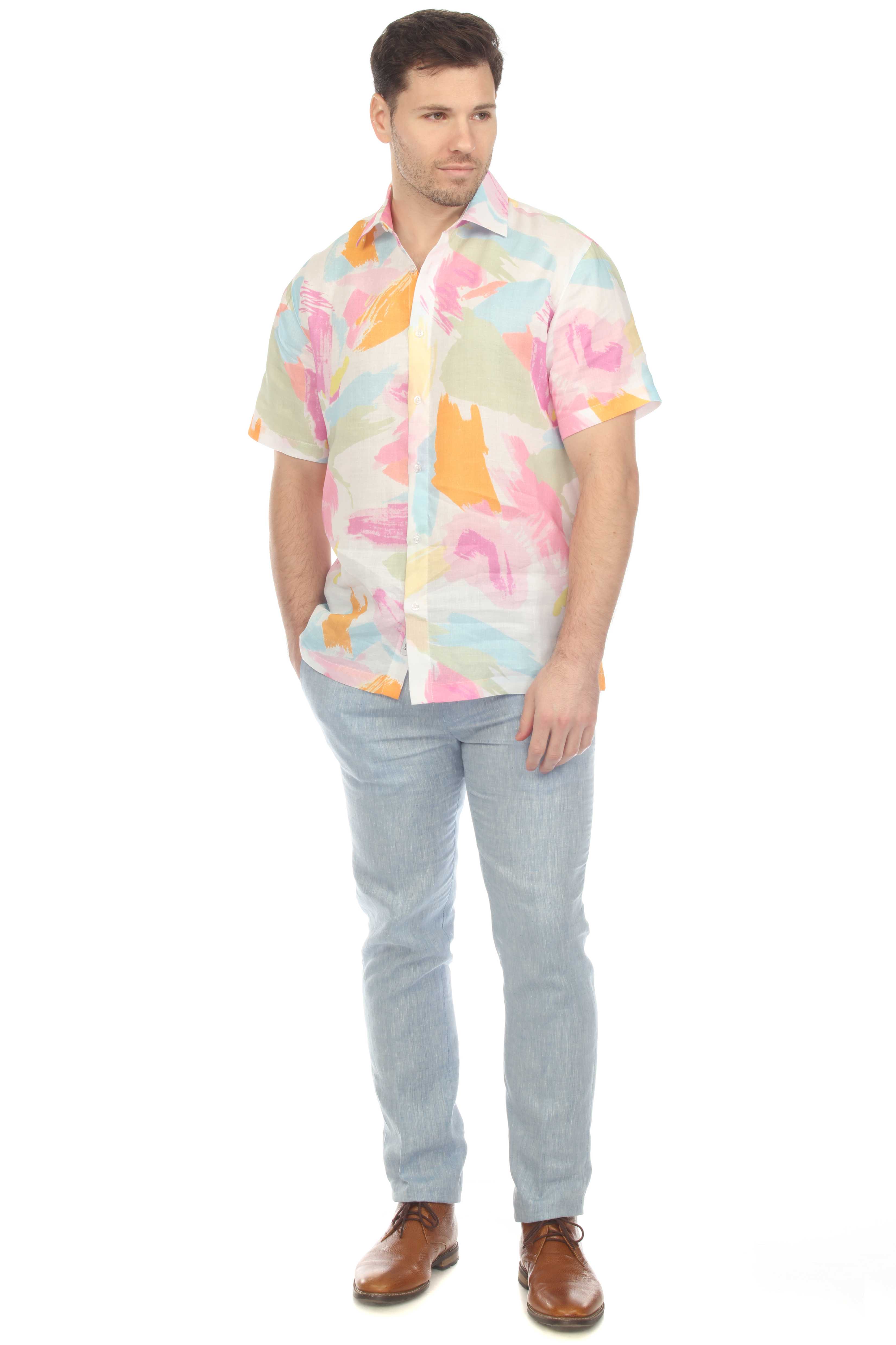 100% Linen Short Sleeve Pastel Abstract Print Shirt