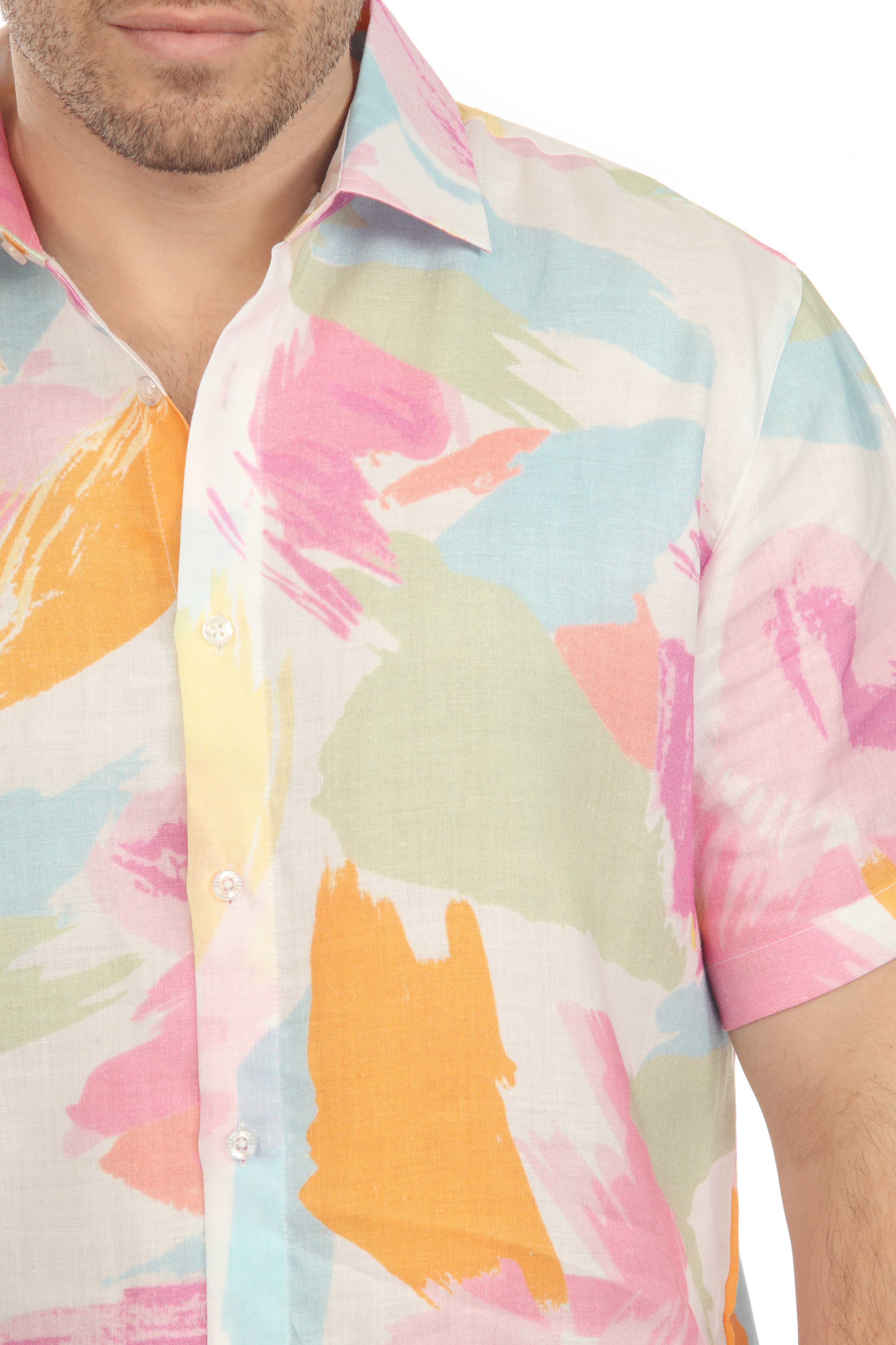 100% Linen Short Sleeve Pastel Abstract Print Shirt