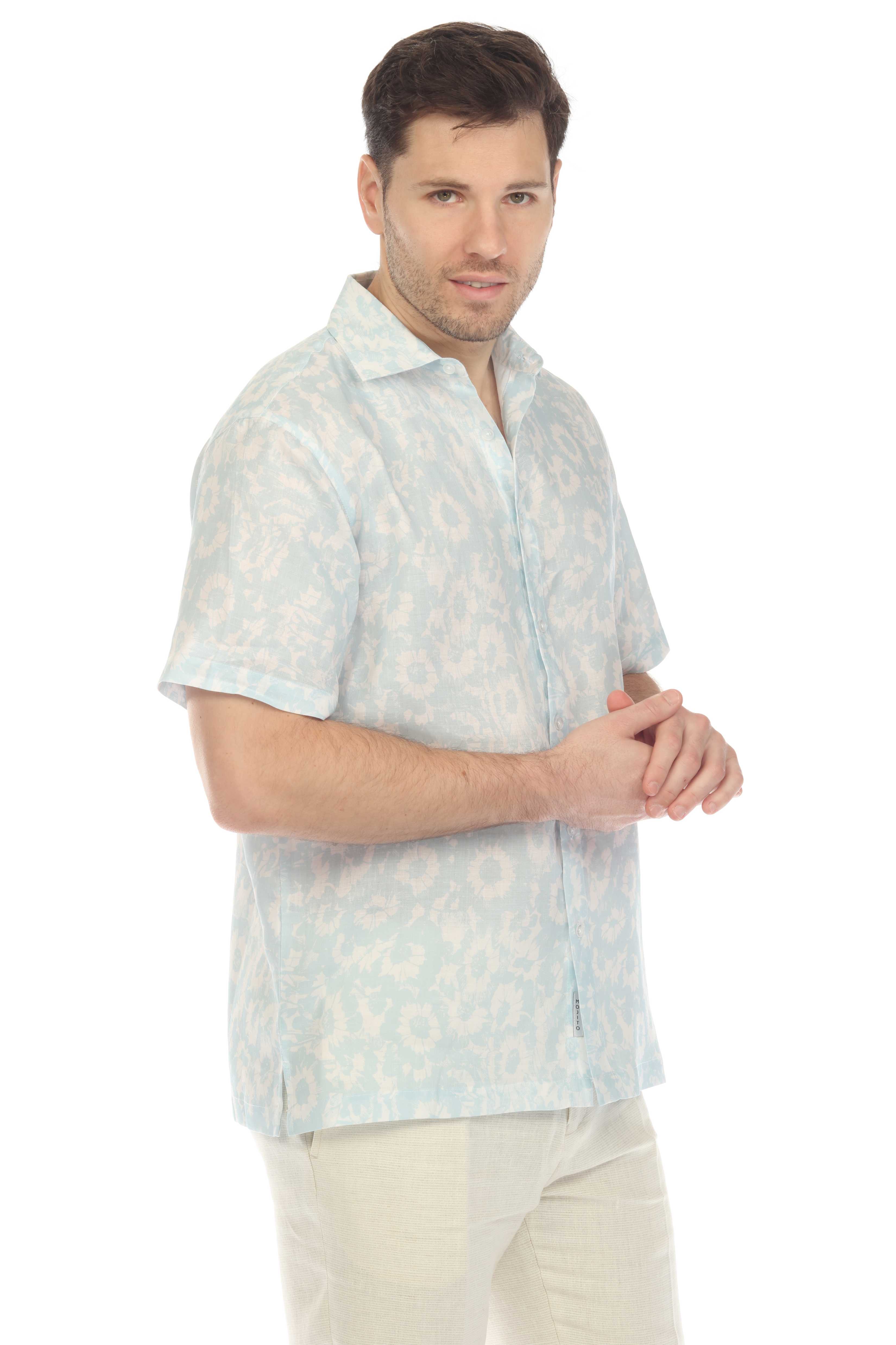 100% Linen Short Sleeve Abstract Bloom Print Shirt