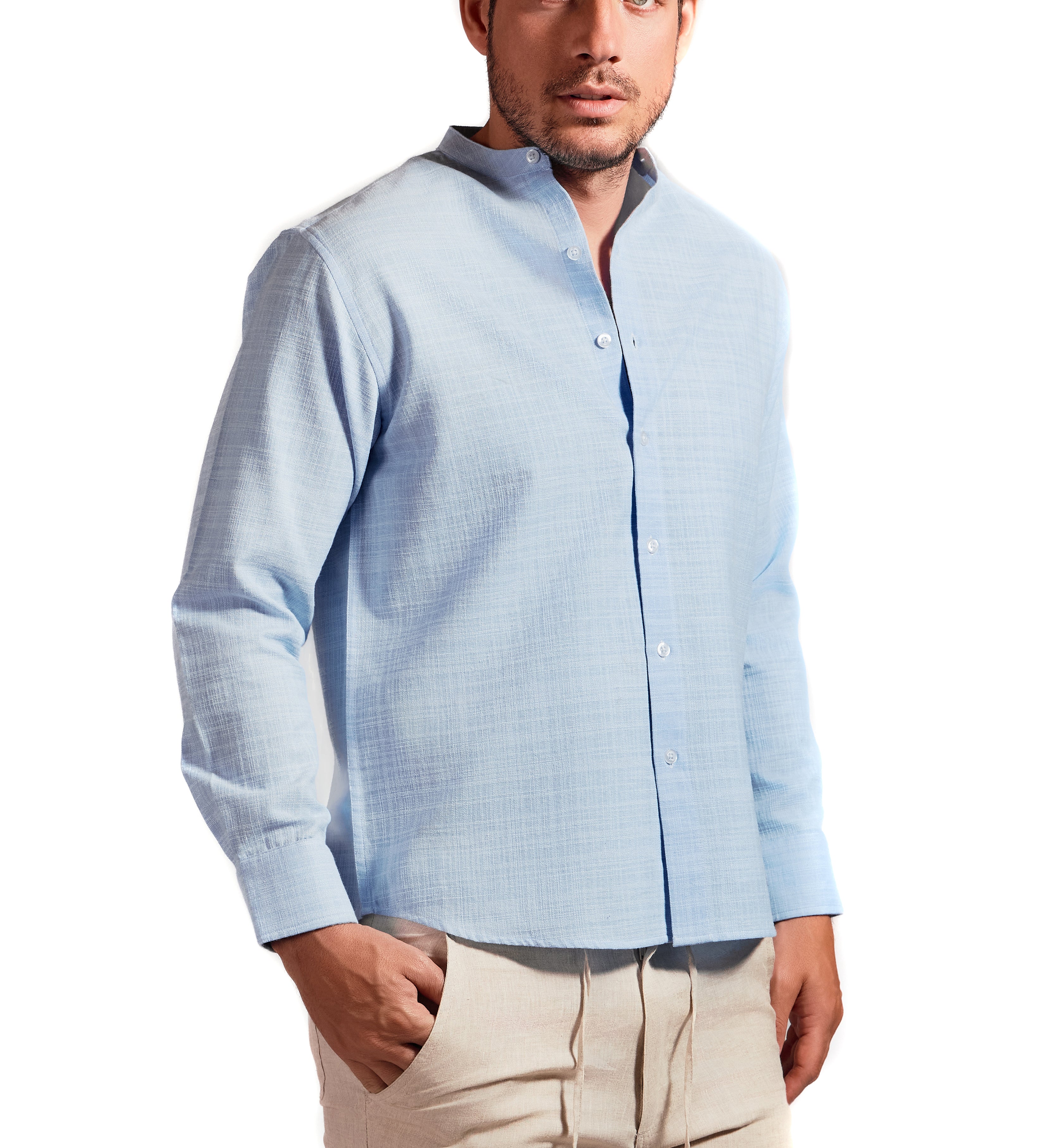 Cross Hatch  Linen Blend Mandarin Collar Long Sleeve Shirt