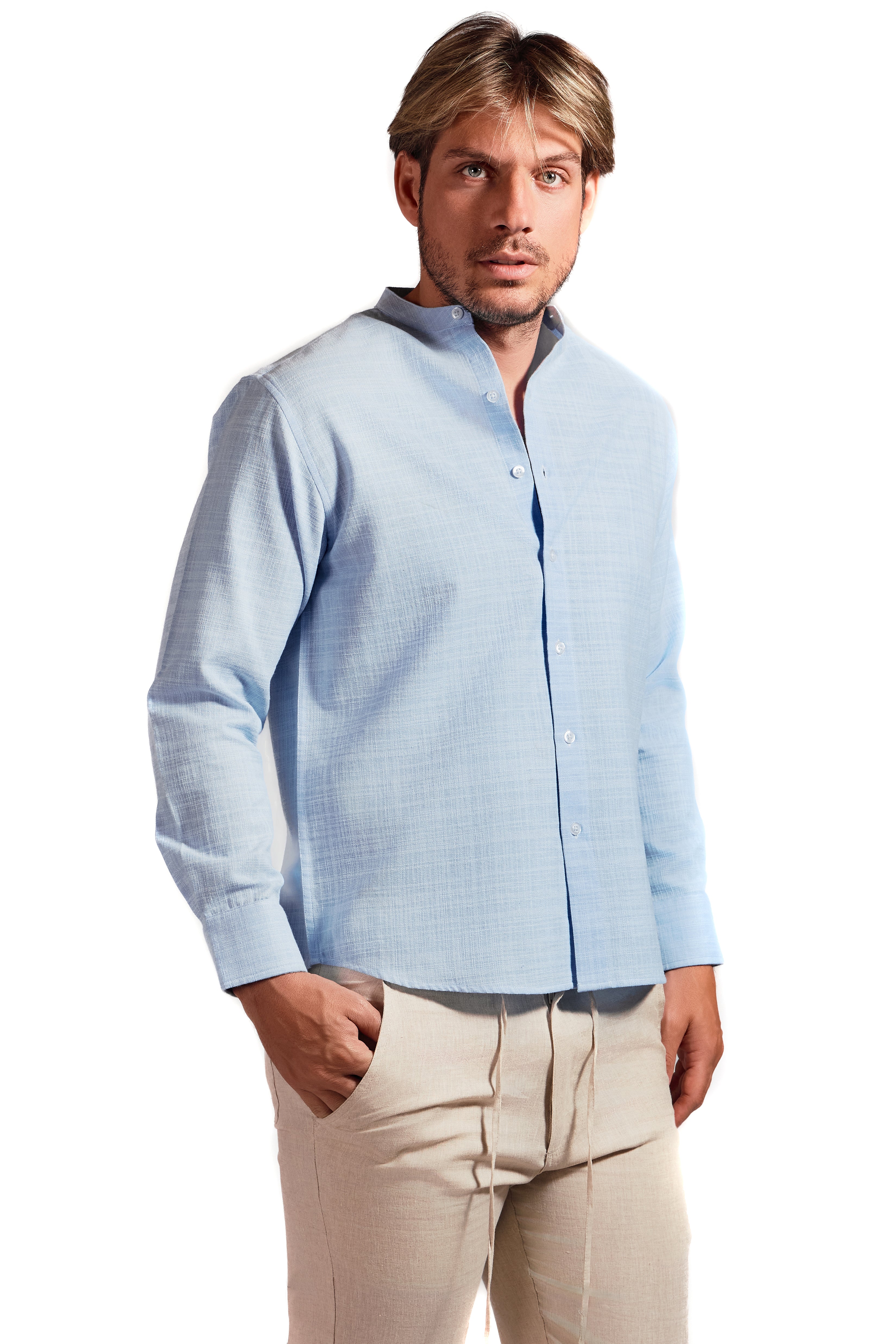 Cross Hatch  Linen Blend Mandarin Collar Long Sleeve Shirt