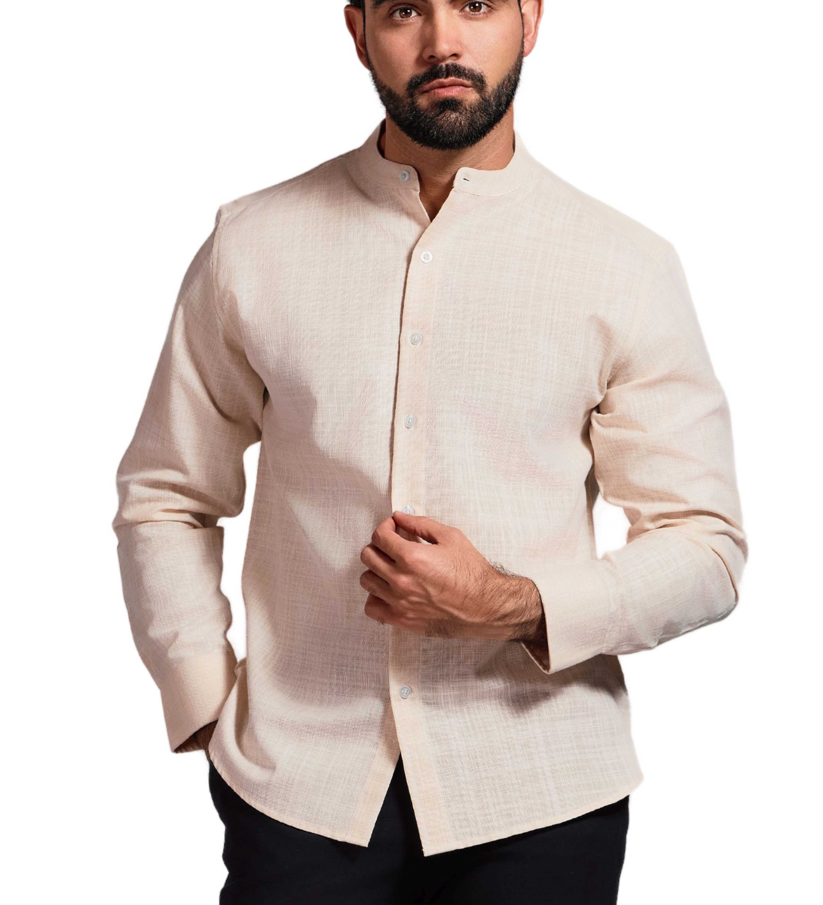 Cross Hatch  Linen Blend Mandarin Collar Long Sleeve Shirt