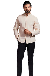 Cross Hatch  Linen Blend Mandarin Collar Long Sleeve Shirt