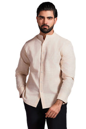 Cross Hatch  Linen Blend Mandarin Collar Long Sleeve Shirt