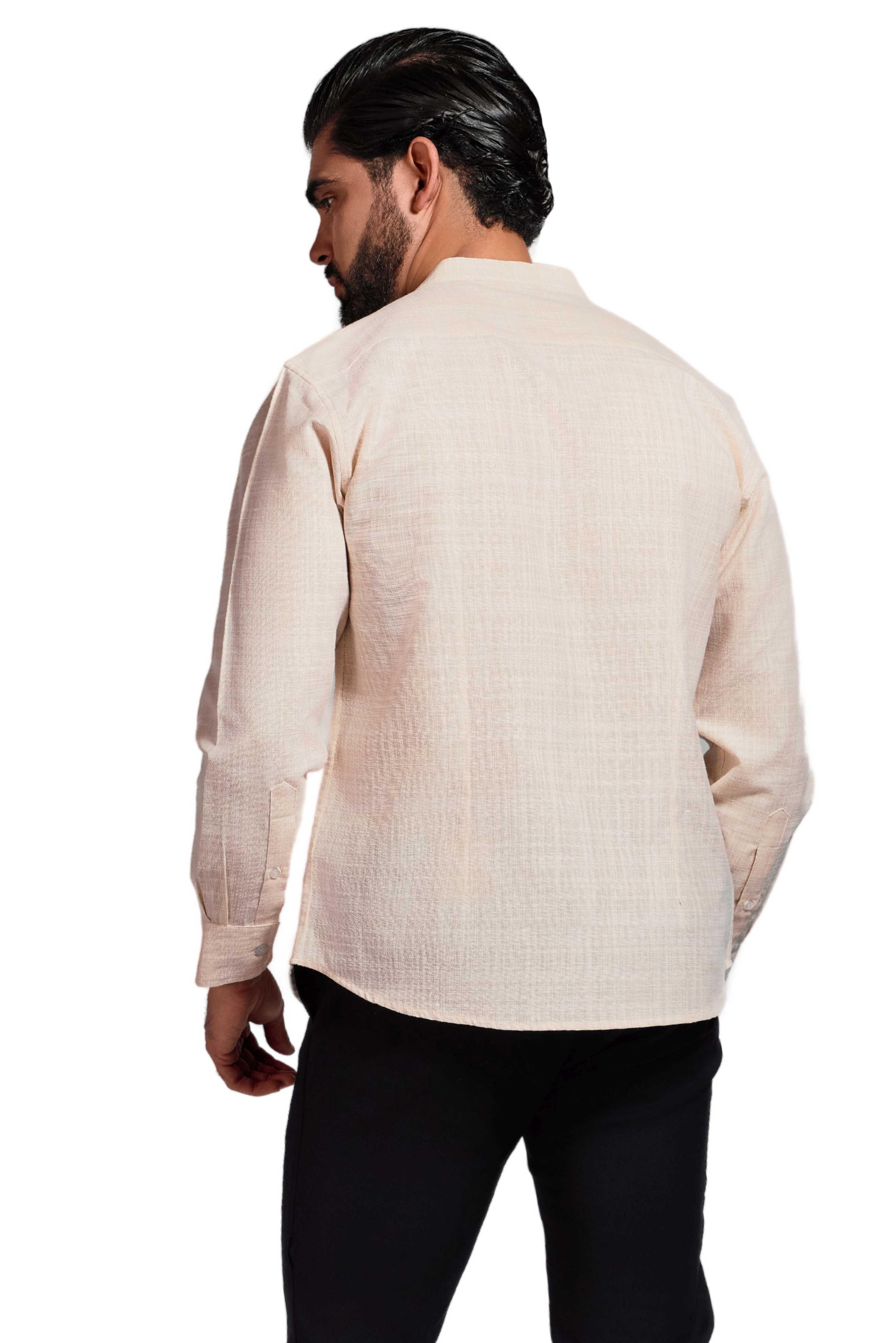 Cross Hatch  Linen Blend Mandarin Collar Long Sleeve Shirt