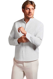 Cross Hatch  Linen Blend Mandarin Collar Long Sleeve Shirt