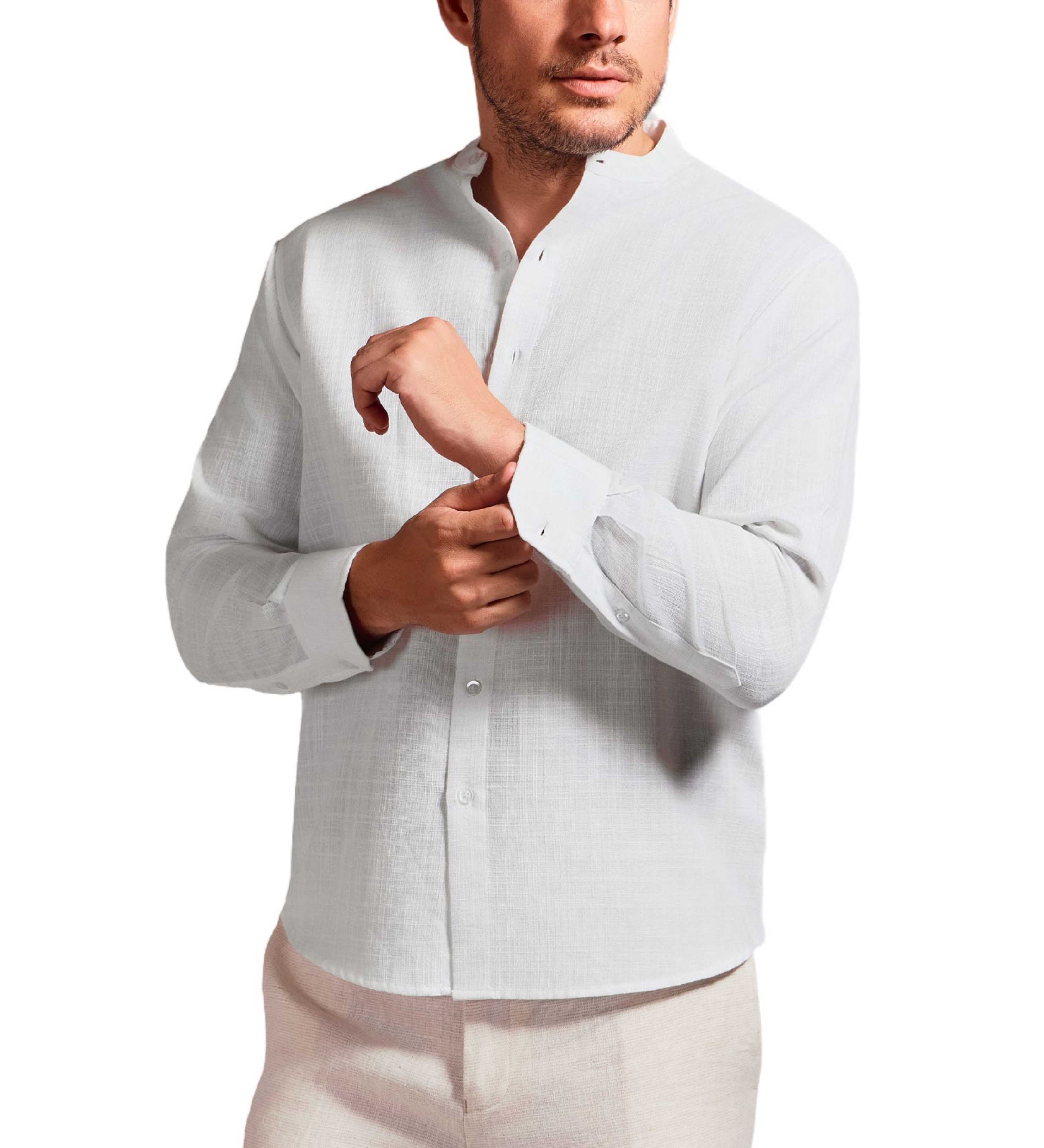 Cross Hatch  Linen Blend Mandarin Collar Long Sleeve Shirt