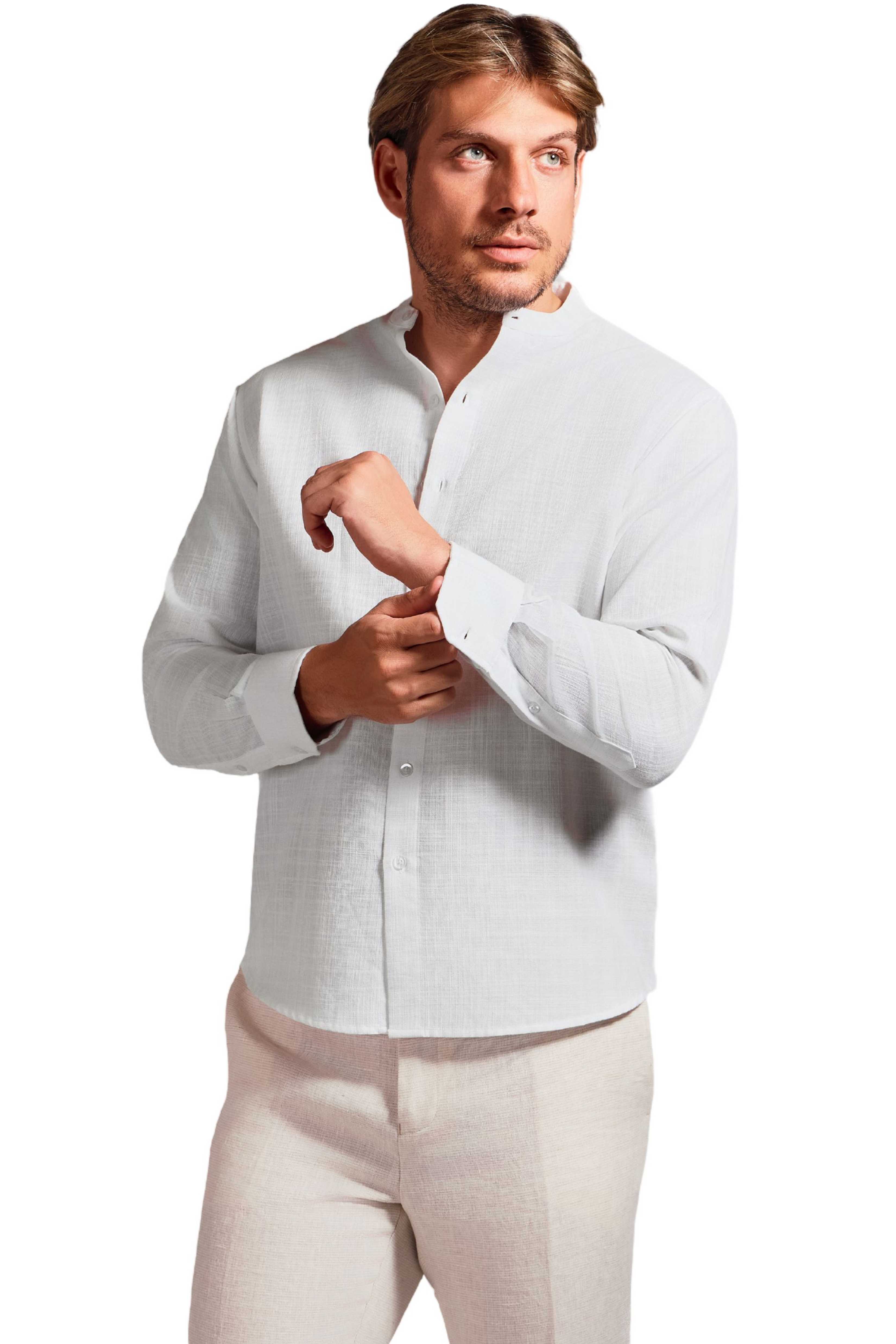 Cross Hatch  Linen Blend Mandarin Collar Long Sleeve Shirt