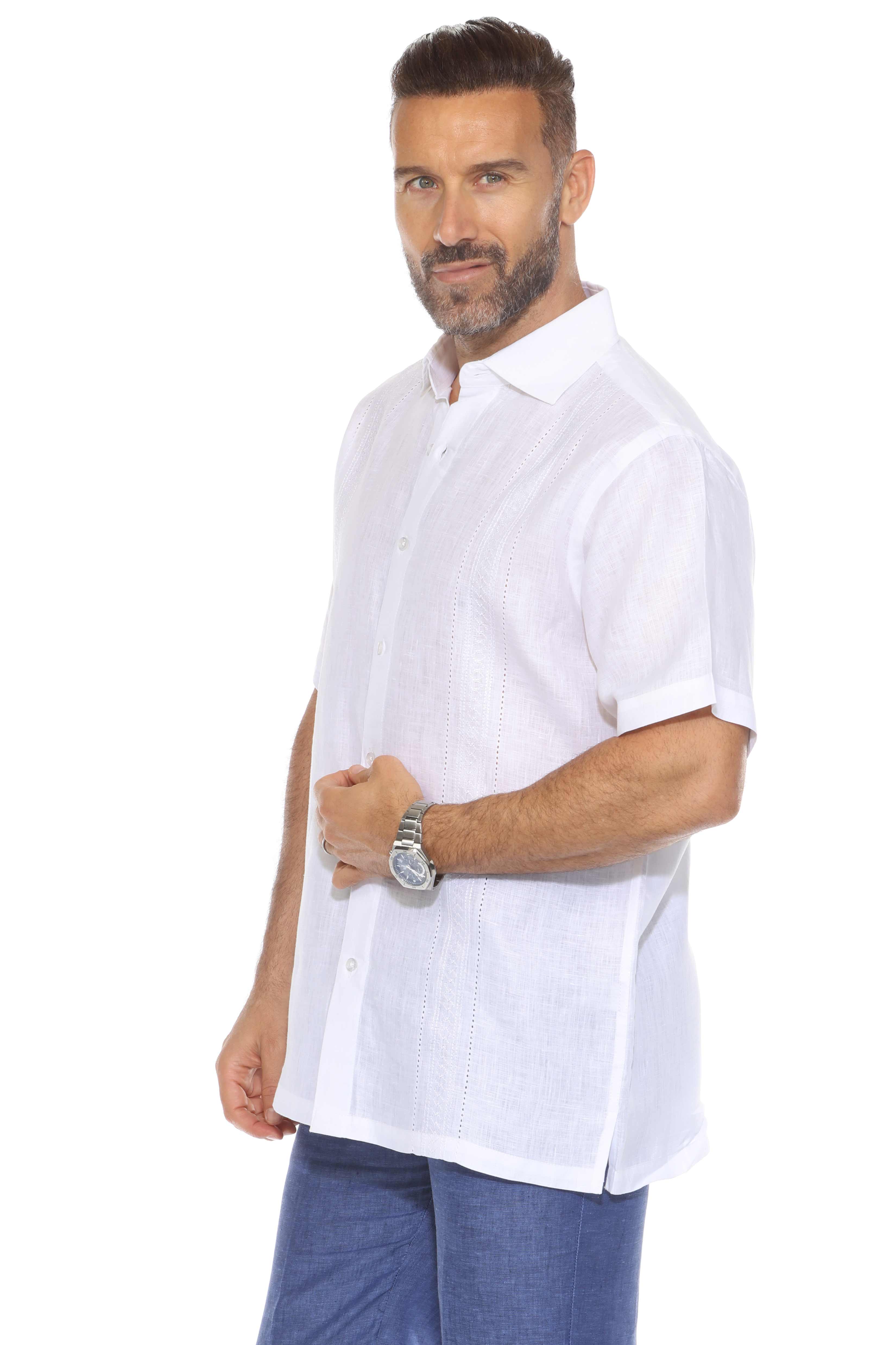 Men's 100% Linen Resort Shirt Short Sleeve with Embroidery Accent