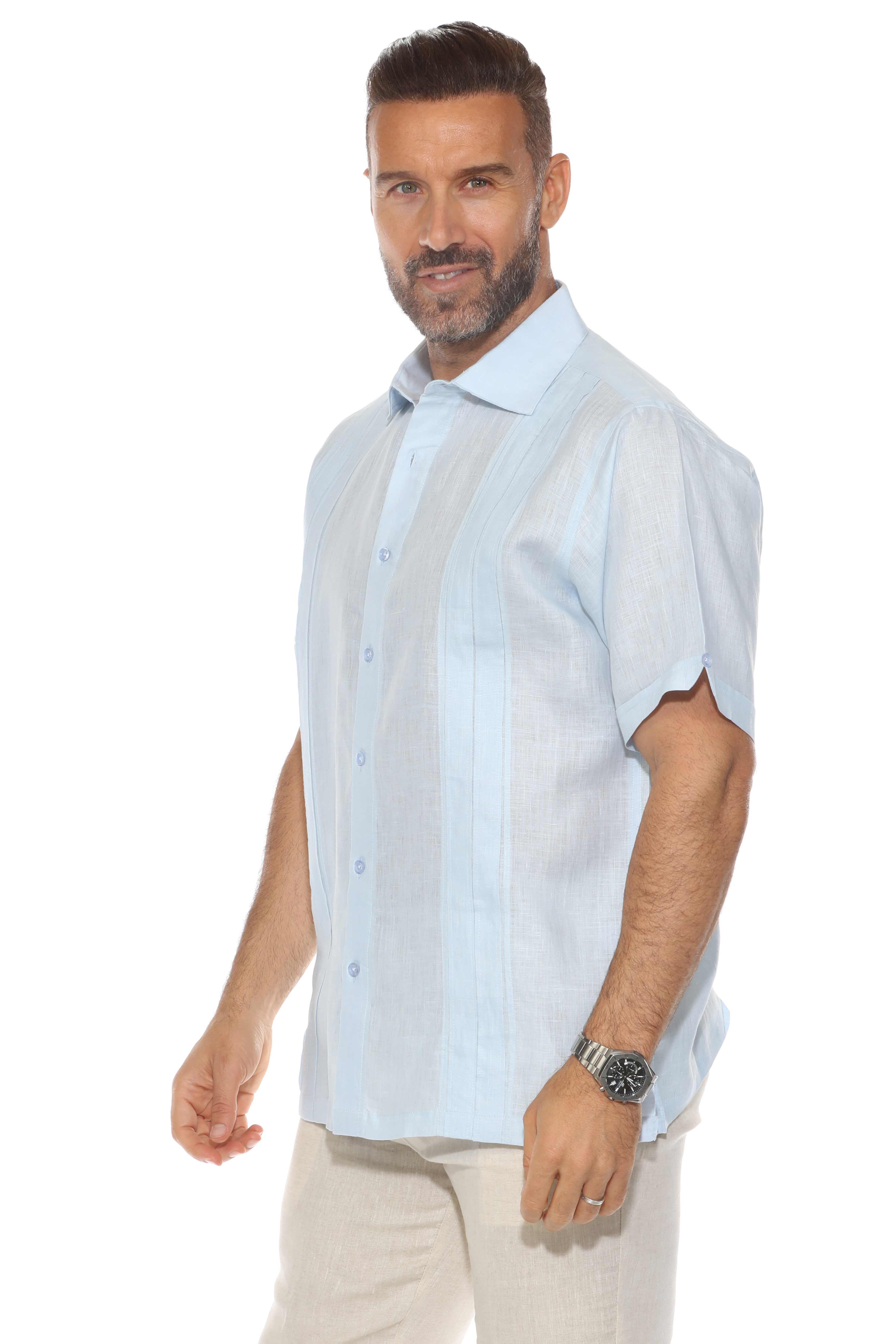 Men's 100% Linen Resort Shirt Short Sleeve with Pin Tuck Accent