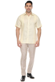 Men's 100% Linen Resort Shirt Short Sleeve with Pin Tuck Accent