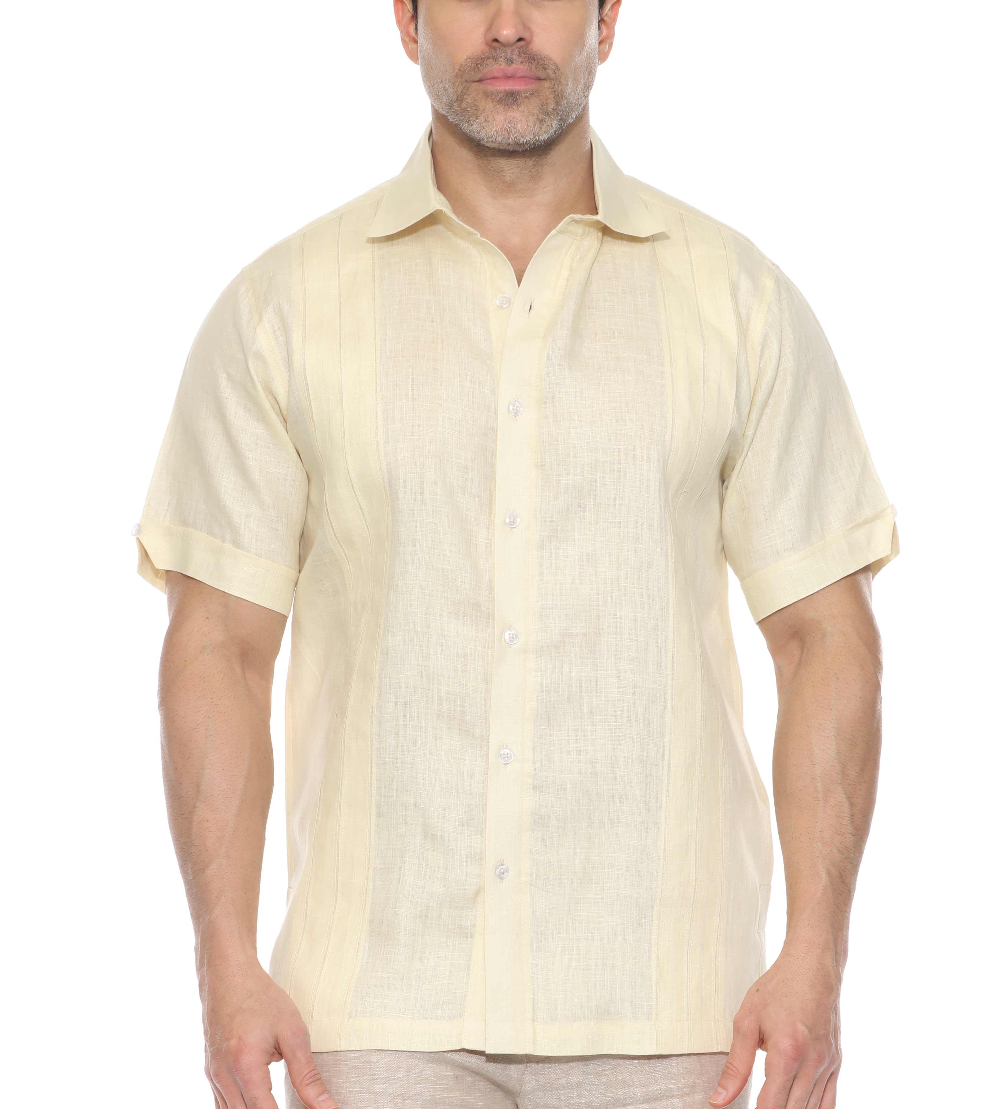 Men's 100% Linen Resort Shirt Short Sleeve with Pin Tuck Accent