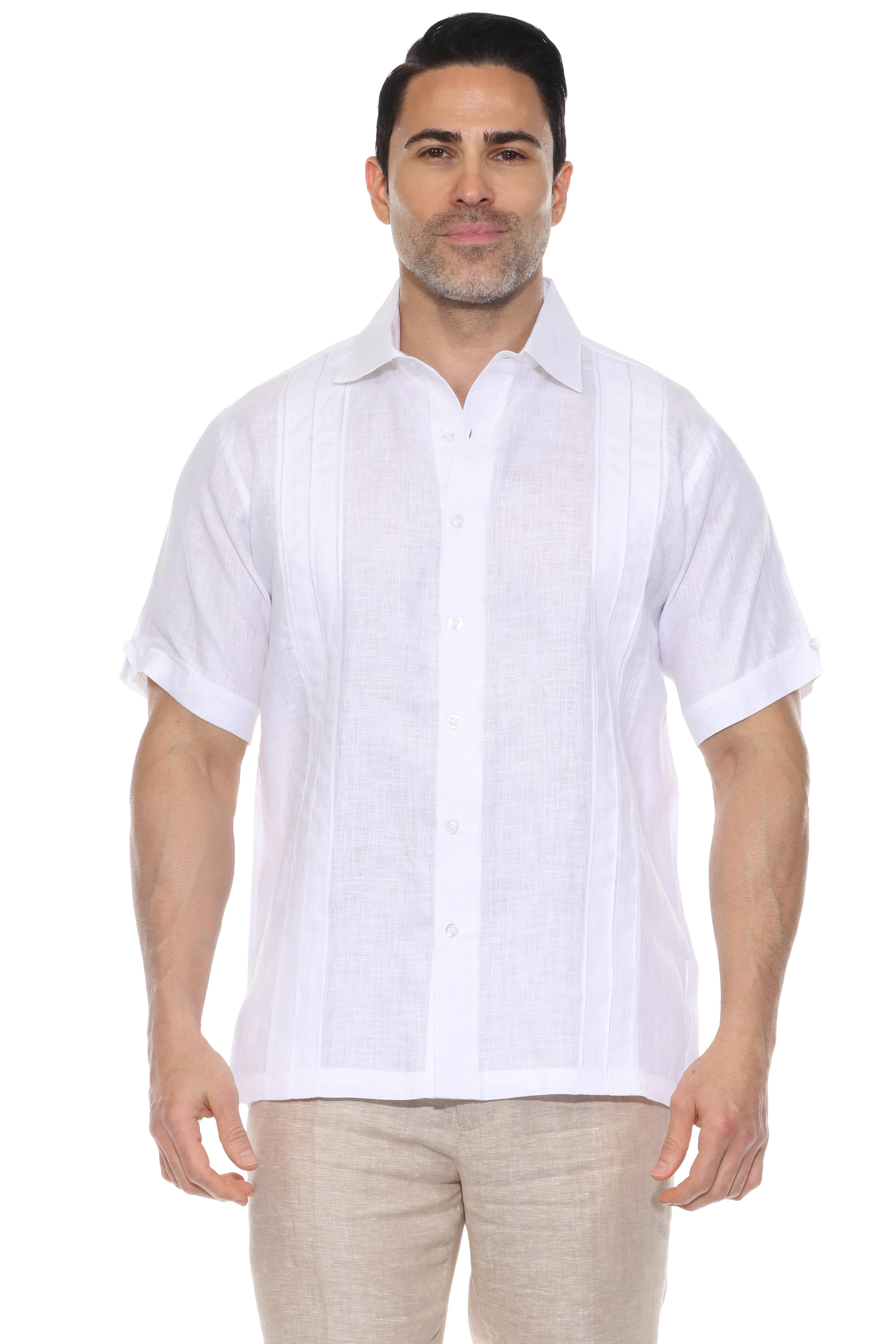 Men's 100% Linen Resort Shirt Short Sleeve with Pin Tuck Accent