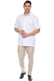 Men's 100% Linen Resort Shirt Short Sleeve with Pin Tuck and Embroidery Accent