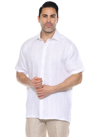 Men's 100% Linen Resort Shirt Short Sleeve with Pin Tuck and Embroidery Accent