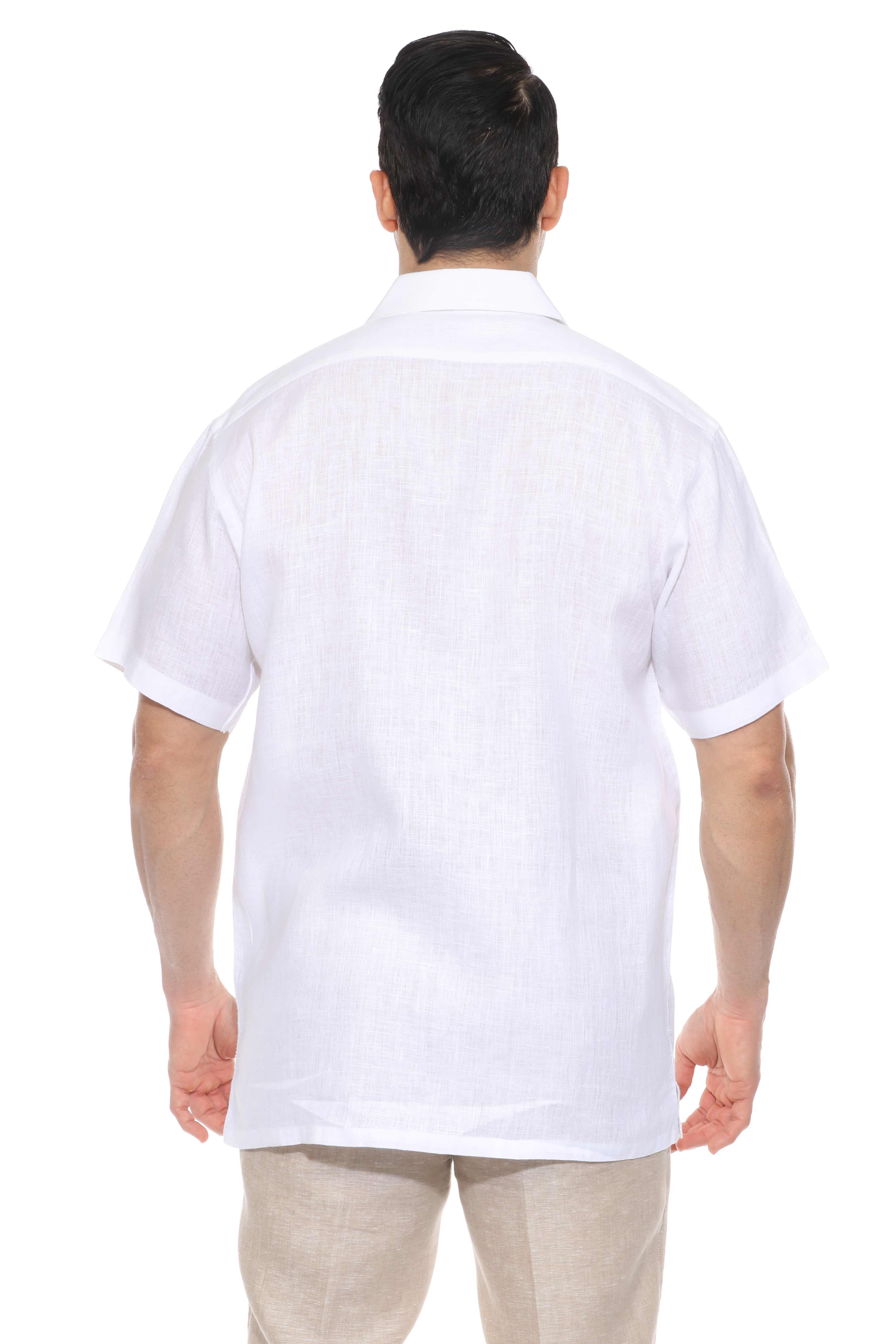 Men's 100% Linen Resort Shirt Short Sleeve with Pin Tuck and Embroidery Accent