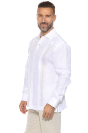 Men's 100% Linen Resort Shirt Long Sleeve with Pin Tuck and Embroidery Accent