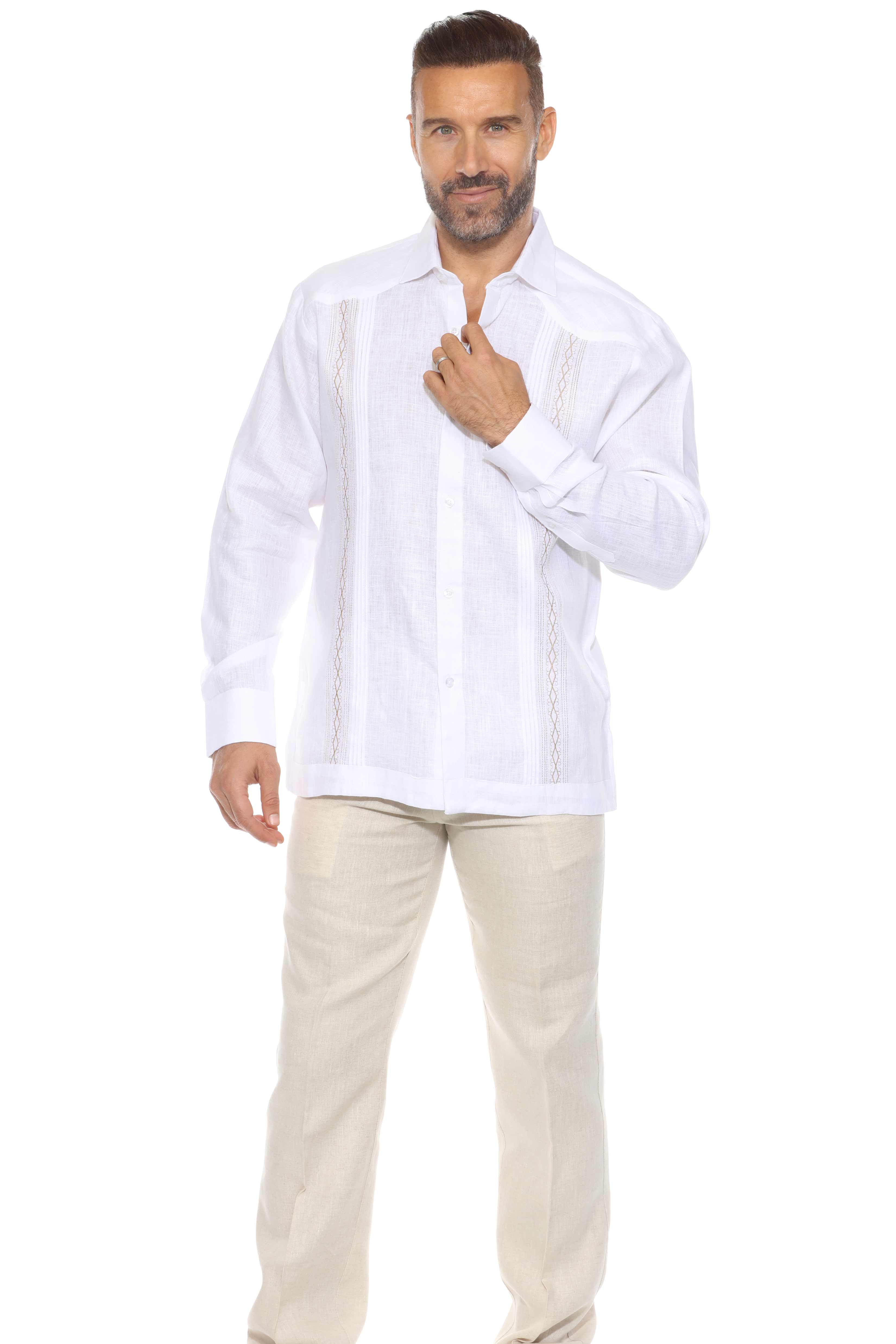 Men's 100% Linen Resort Shirt Long Sleeve with Pin Tuck and Embroidery Accent