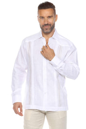 Men's 100% Linen Resort Shirt Long Sleeve with Pin Tuck and Embroidery Accent