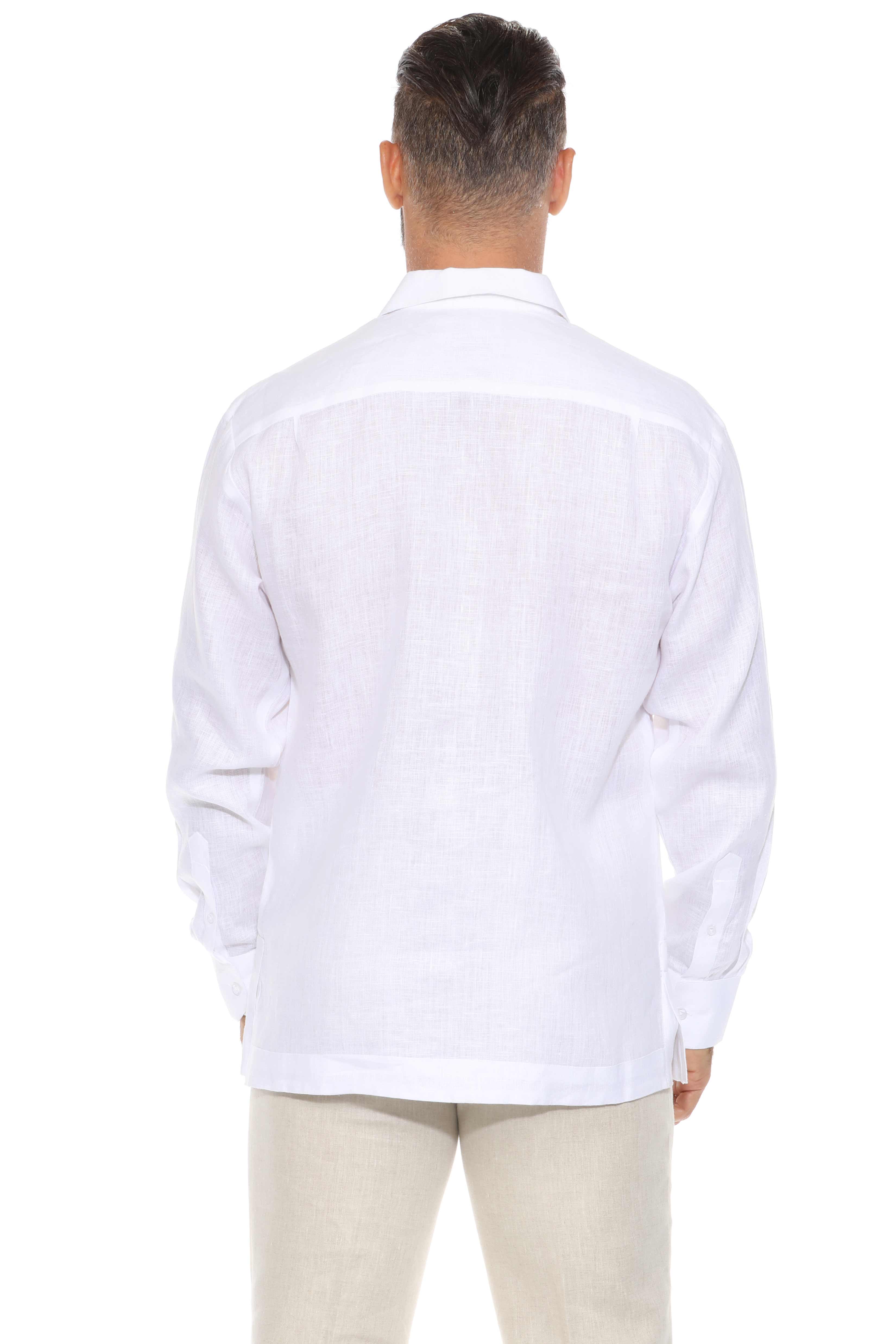 Men's 100% Linen Resort Shirt Long Sleeve with Pin Tuck and Embroidery Accent