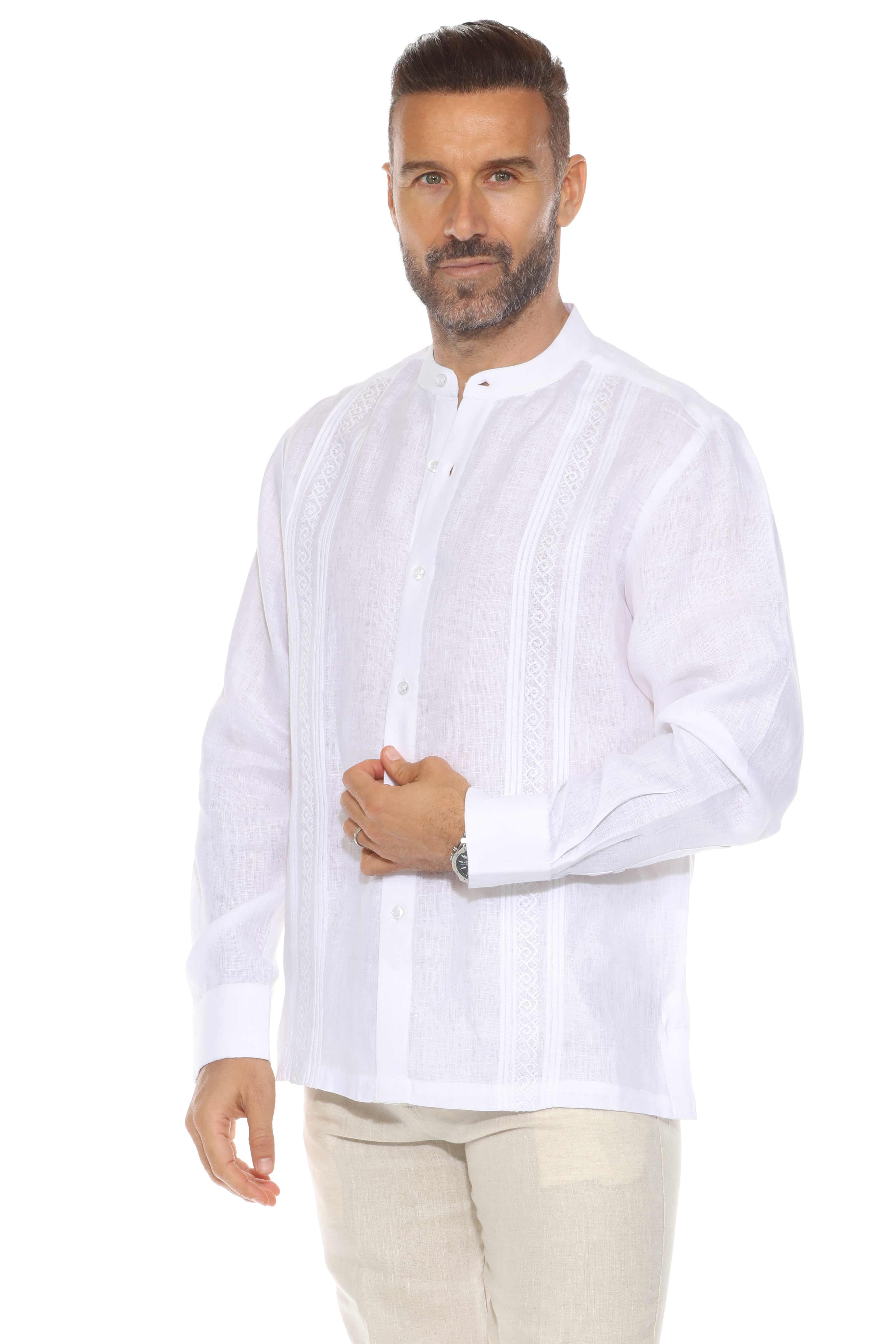 Mandarin Collar Resort Shirt 100% Linen Long Sleeve with Embroidery Accent