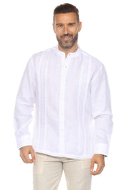 Mandarin Collar Resort Shirt 100% Linen Long Sleeve with Embroidery Accent