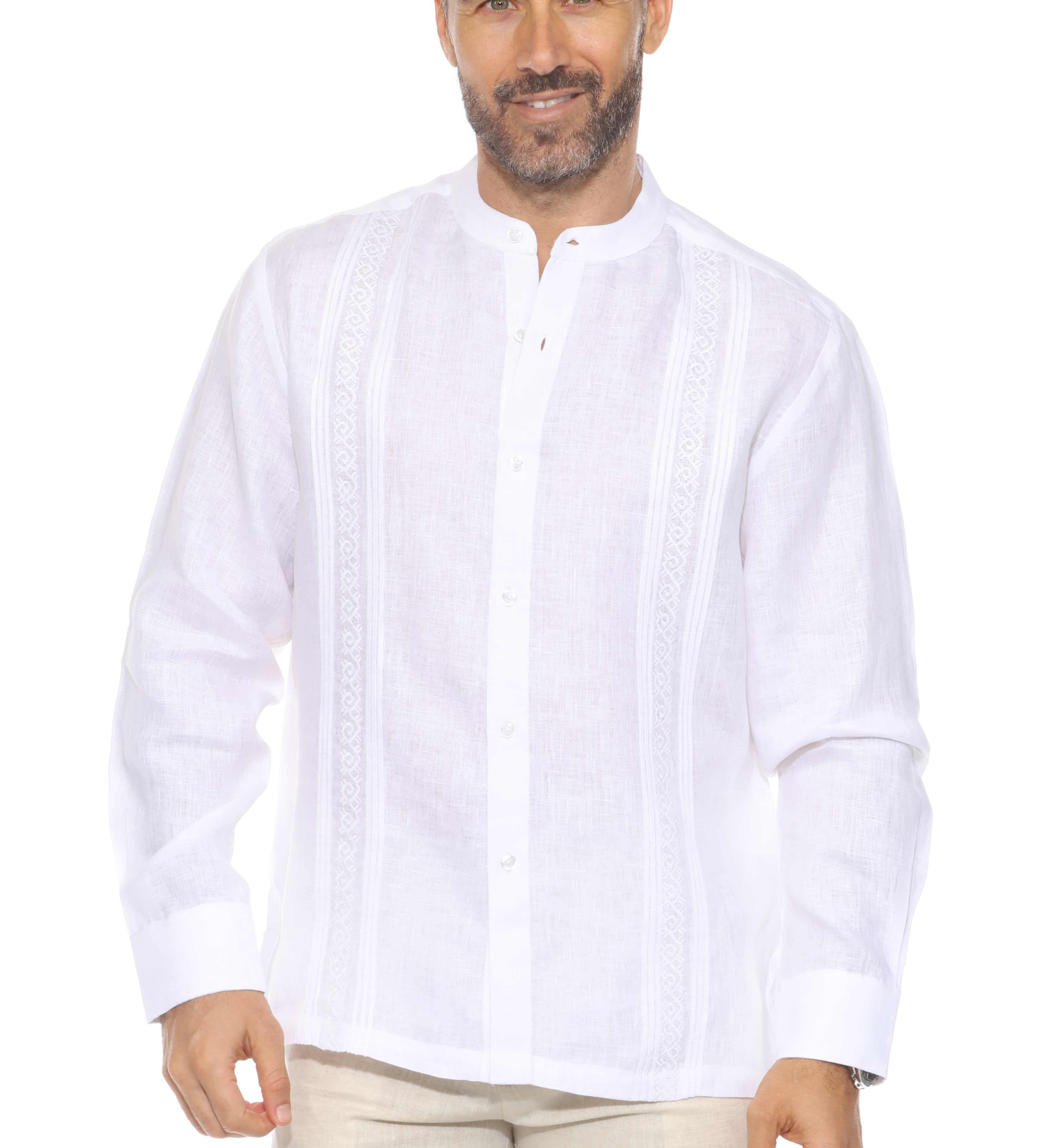 Mandarin Collar Resort Shirt 100% Linen Long Sleeve with Embroidery Accent