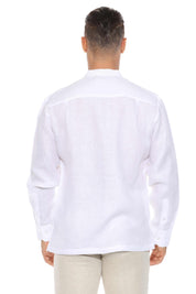 Mandarin Collar Resort Shirt 100% Linen Long Sleeve with Embroidery Accent