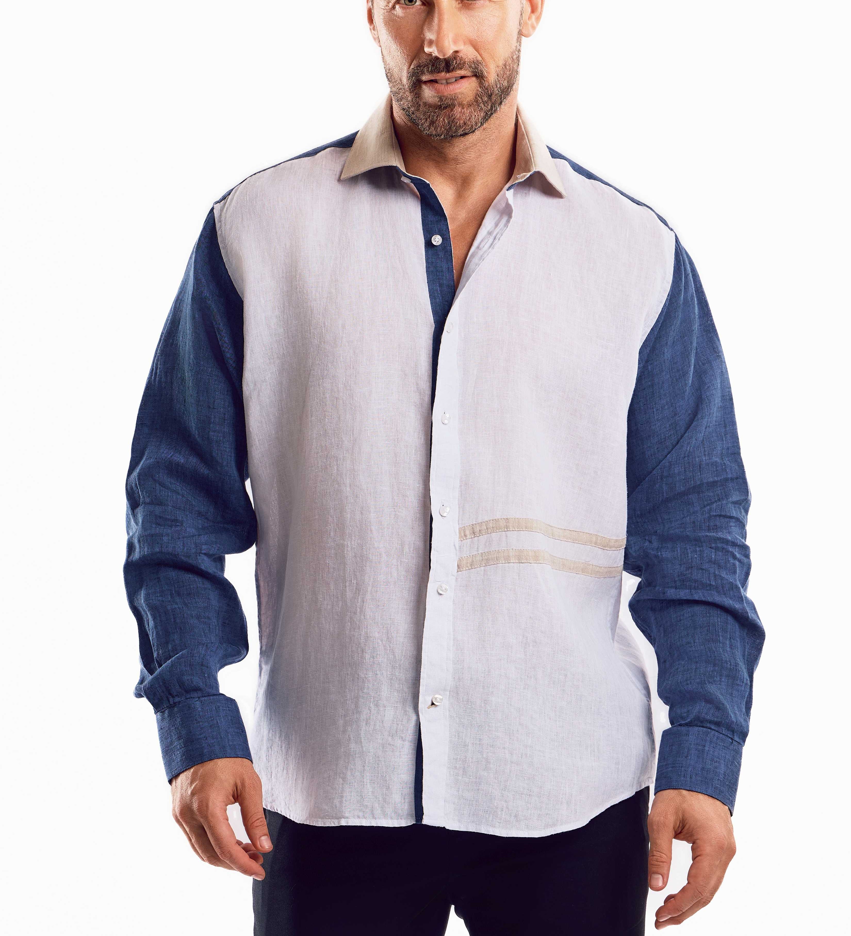 Casual Multi Color Block Design 100% Linen Shirt Long Sleeve