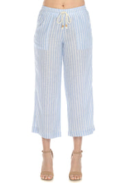 Women's Casual Beach Resort Wear Capri Pants Pinstripe Print with Drawstring Waist Linen Blend