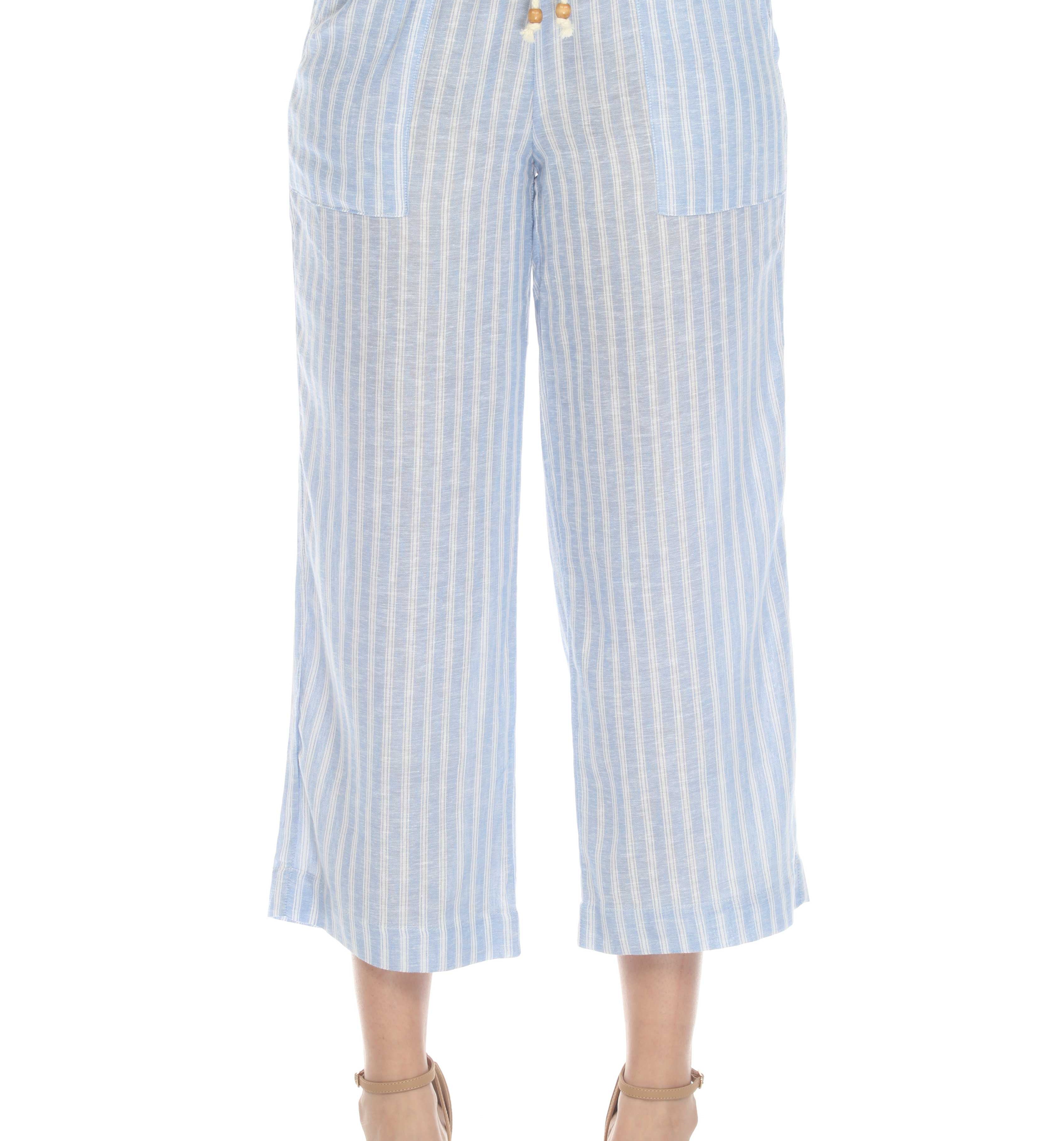 Women's Casual Beach Resort Wear Capri Pants Pinstripe Print with Drawstring Waist Linen Blend