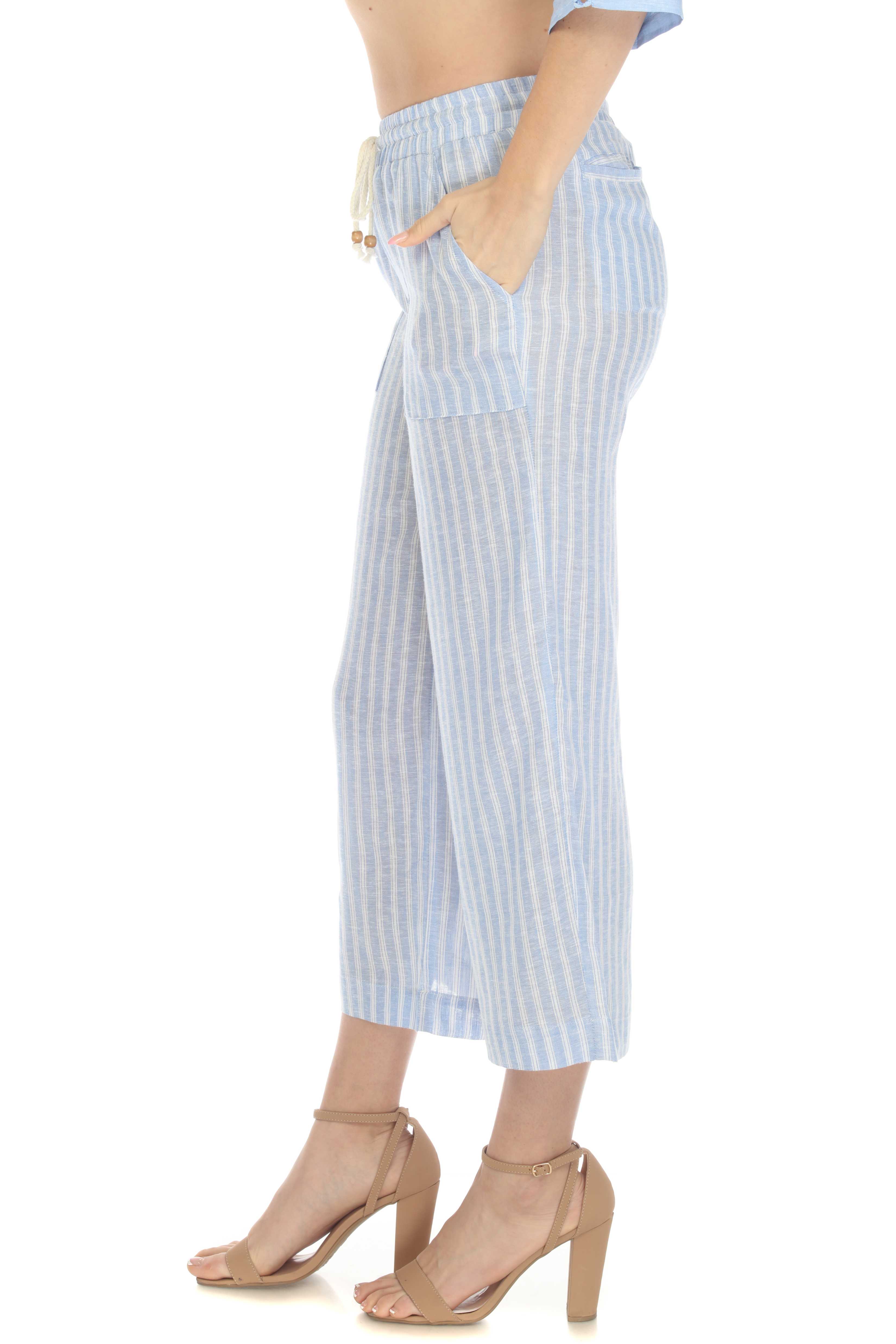 Women's Casual Beach Resort Wear Capri Pants Pinstripe Print with Drawstring Waist Linen Blend