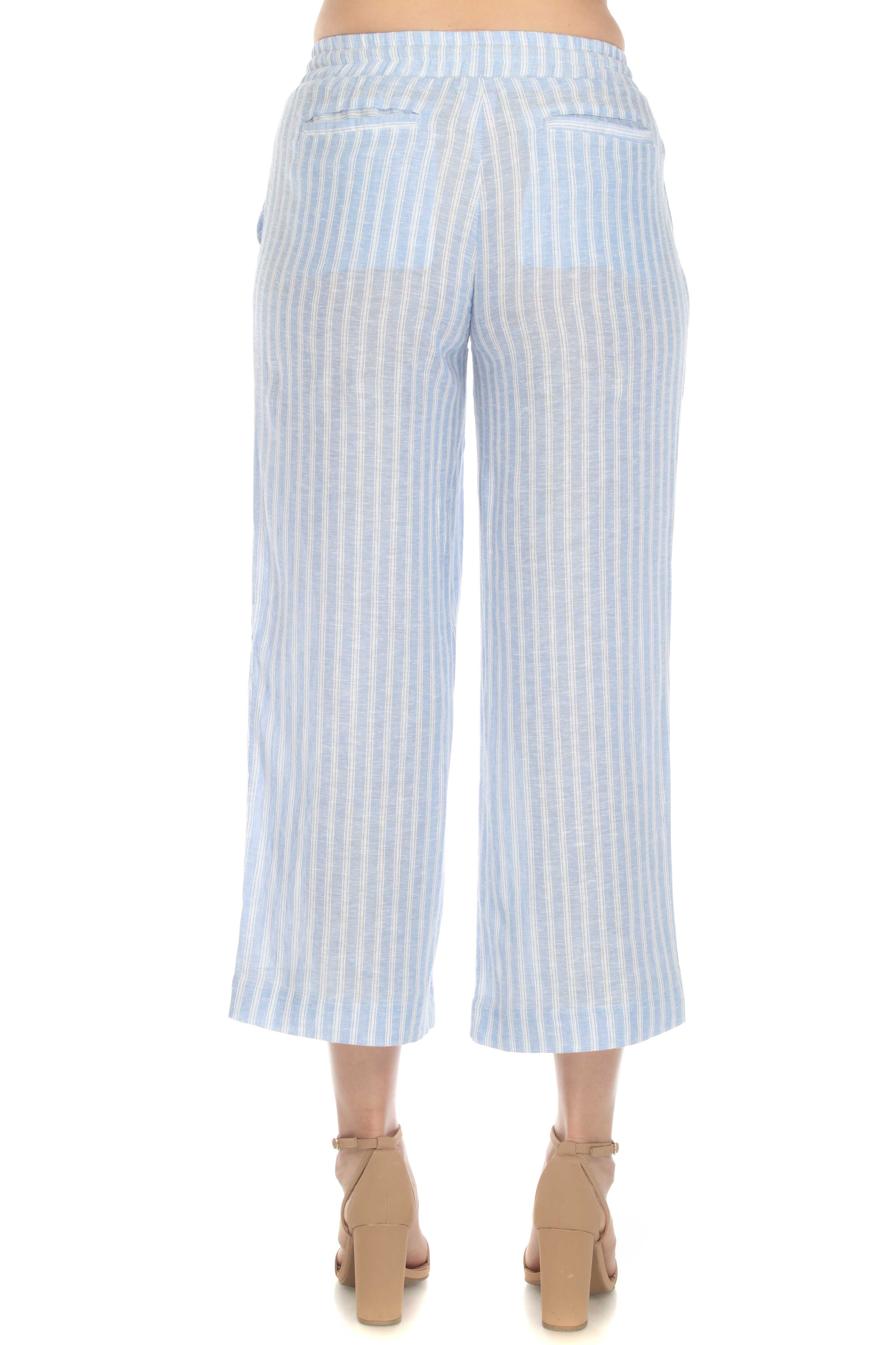 Women's Casual Beach Resort Wear Capri Pants Pinstripe Print with Drawstring Waist Linen Blend