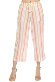 Women's Casual Beach Resort Wear Capri Pants Pinstripe Print with Drawstring Waist Linen Blend