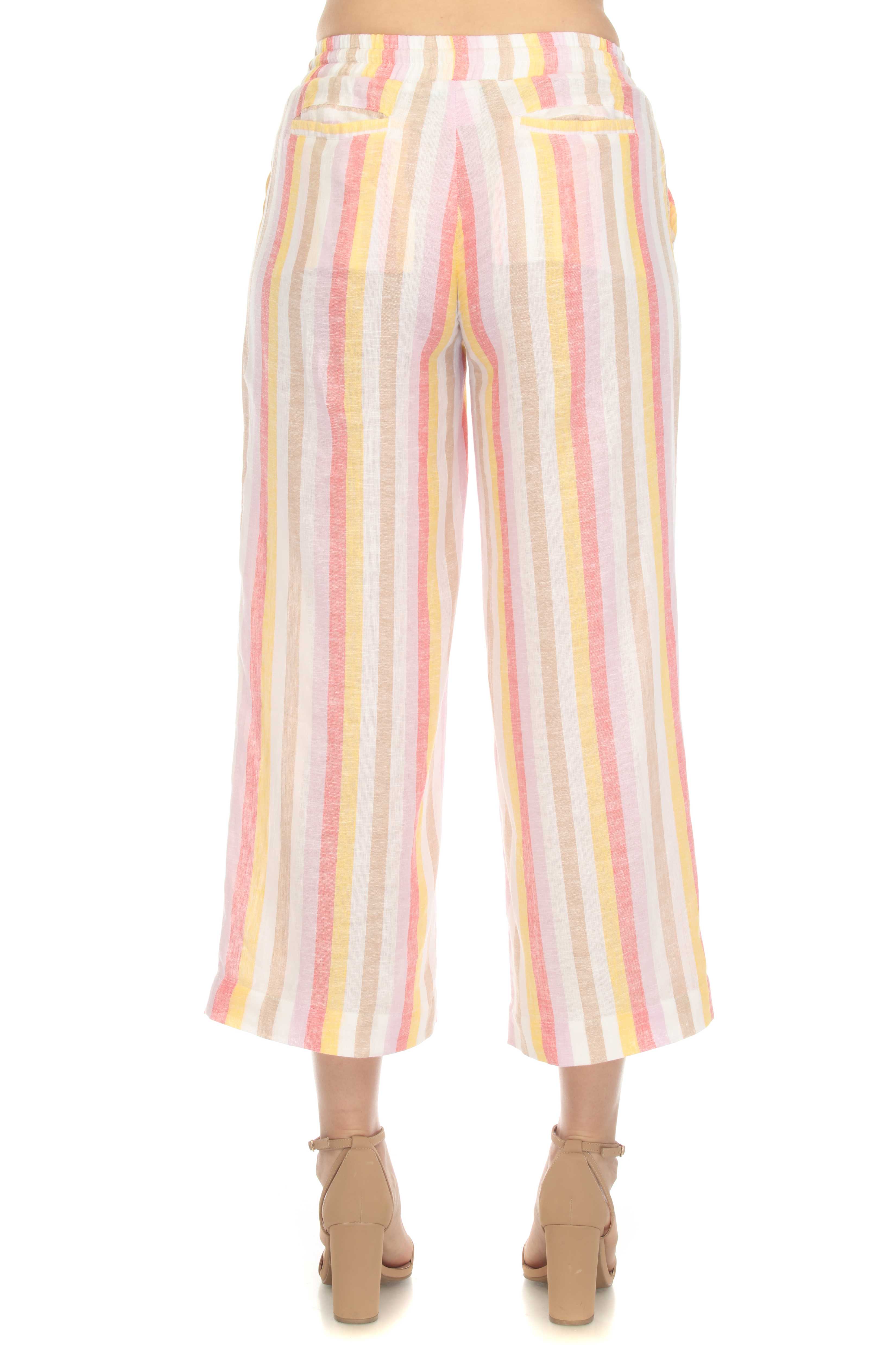 Women's Casual Beach Resort Wear Capri Pants Pinstripe Print with Drawstring Waist Linen Blend