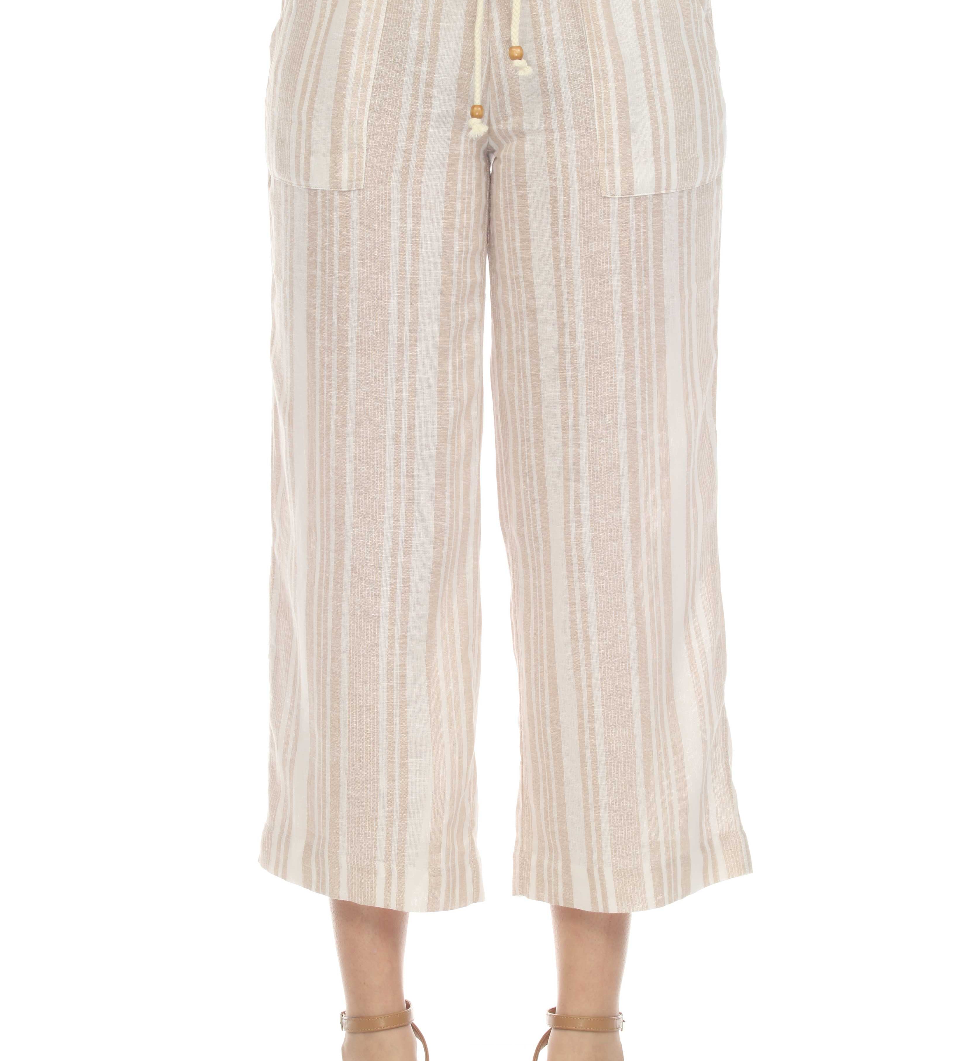 Women's Casual Beach Resort Wear Capri Pants Pinstripe Print with Drawstring Waist Linen Blend