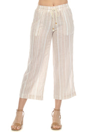 Women's Casual Beach Resort Wear Capri Pants Pinstripe Print with Drawstring Waist Linen Blend