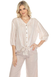 Women's Casual Resort Wear Stripe Print Linen Blend Button Down V Neck 3/4 Sleeve Blouse