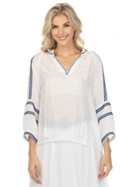 Women's Casual V-Neck Crochet Trimmed ¾ Sleeve Tunic Top with Tassel Drawstrings