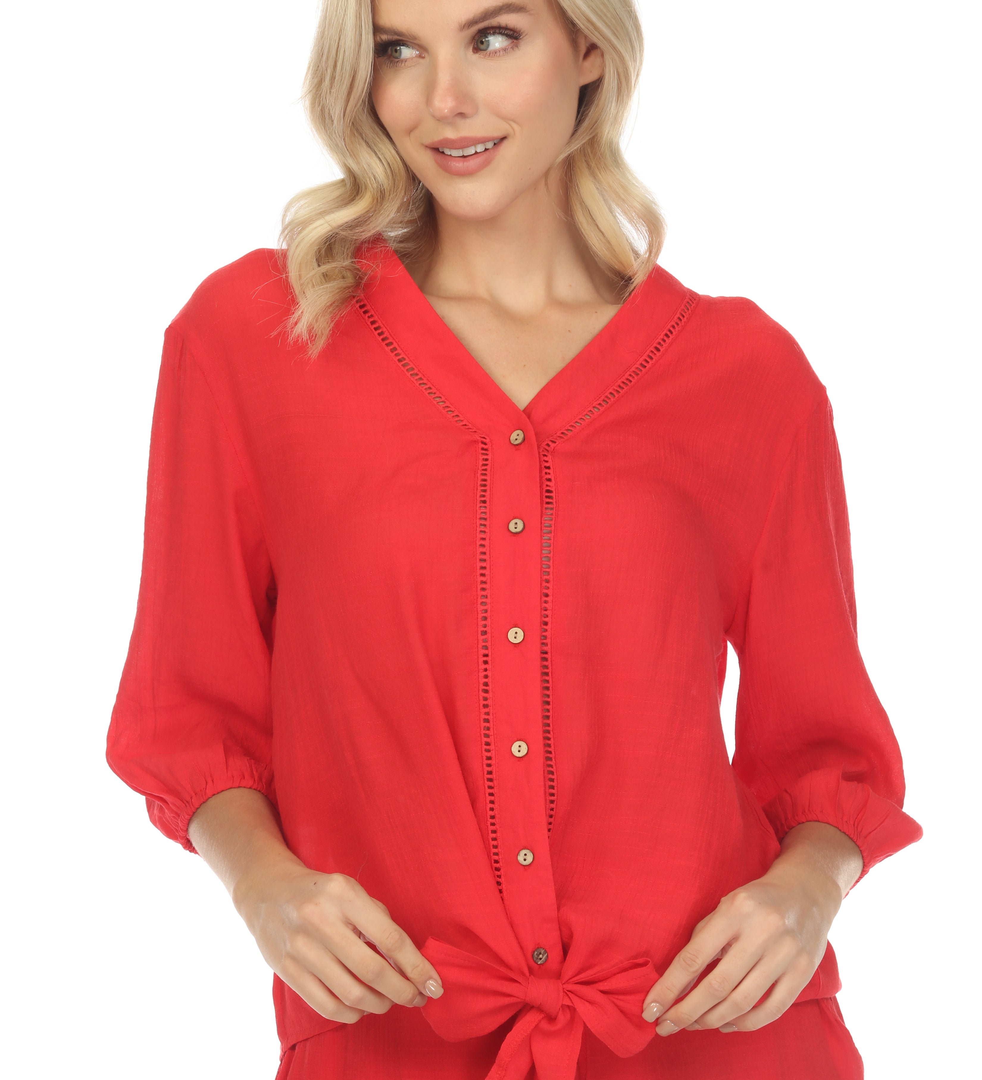 Women's Casual Resort Wear V-Neck Button Down Cutout Trim ¾ Sleeve Tunic Top with Bow Tie Hem